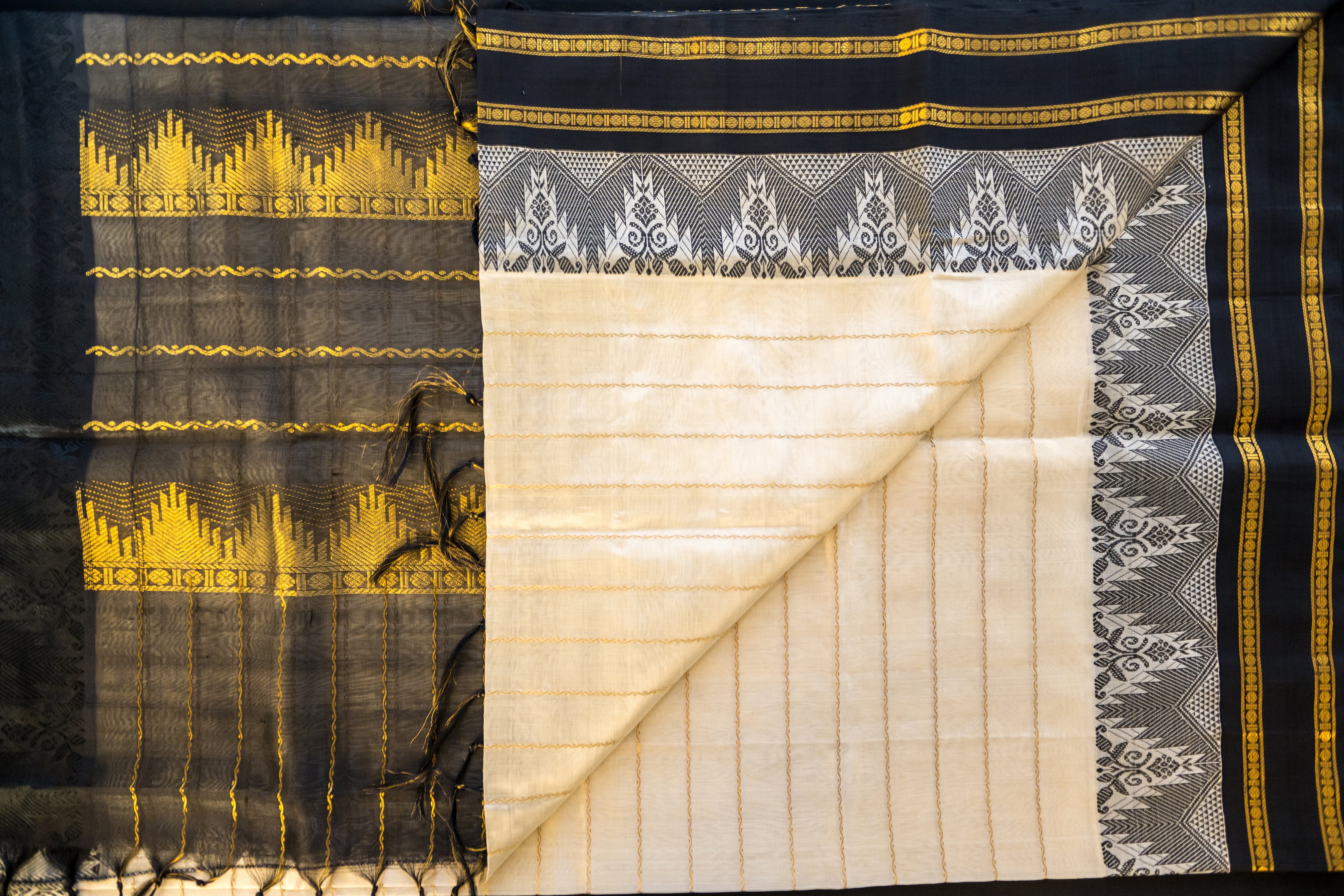 Cream and Obsidian Charcoal Silk Cotton Saree