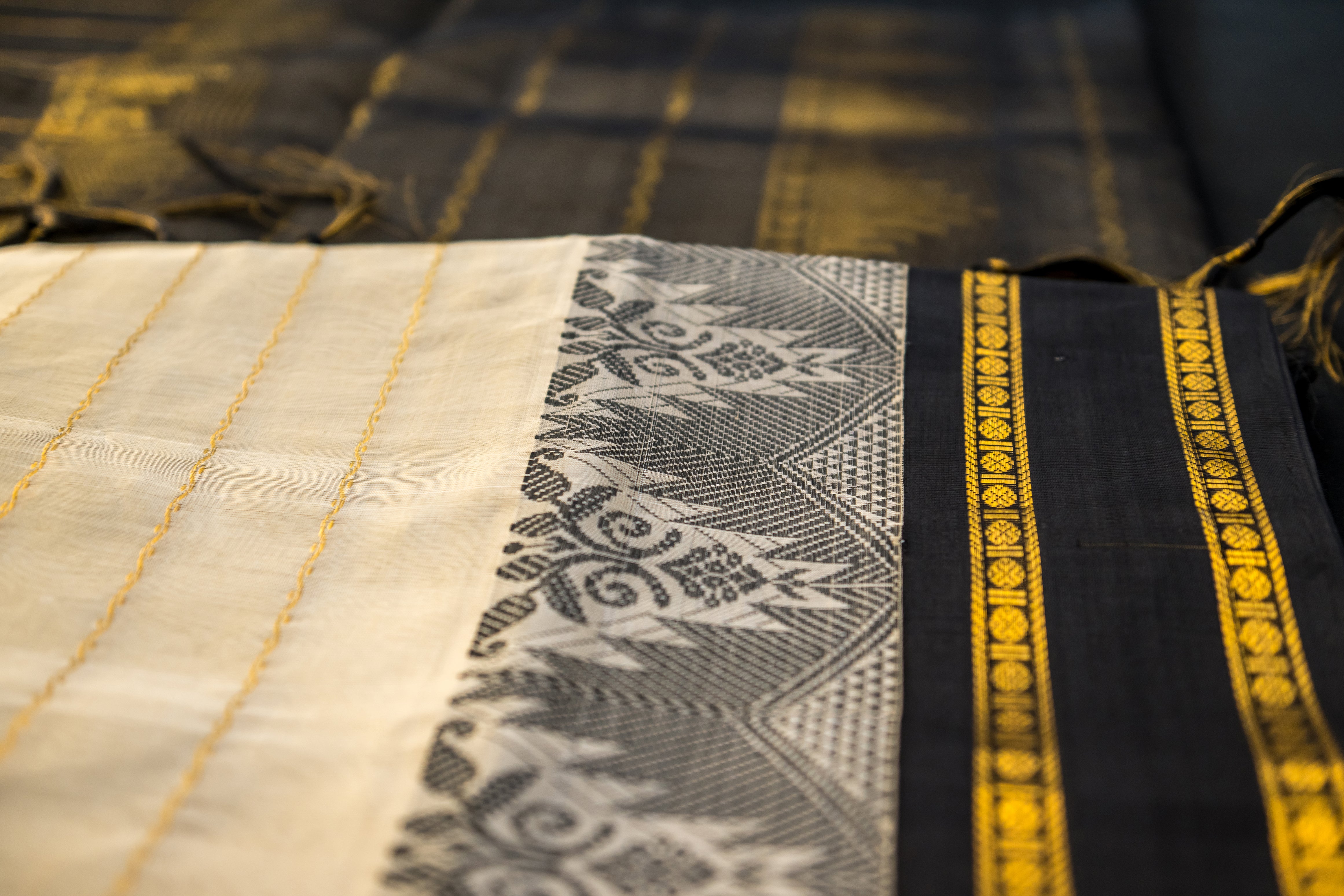 Cream and Obsidian Charcoal Silk Cotton Saree