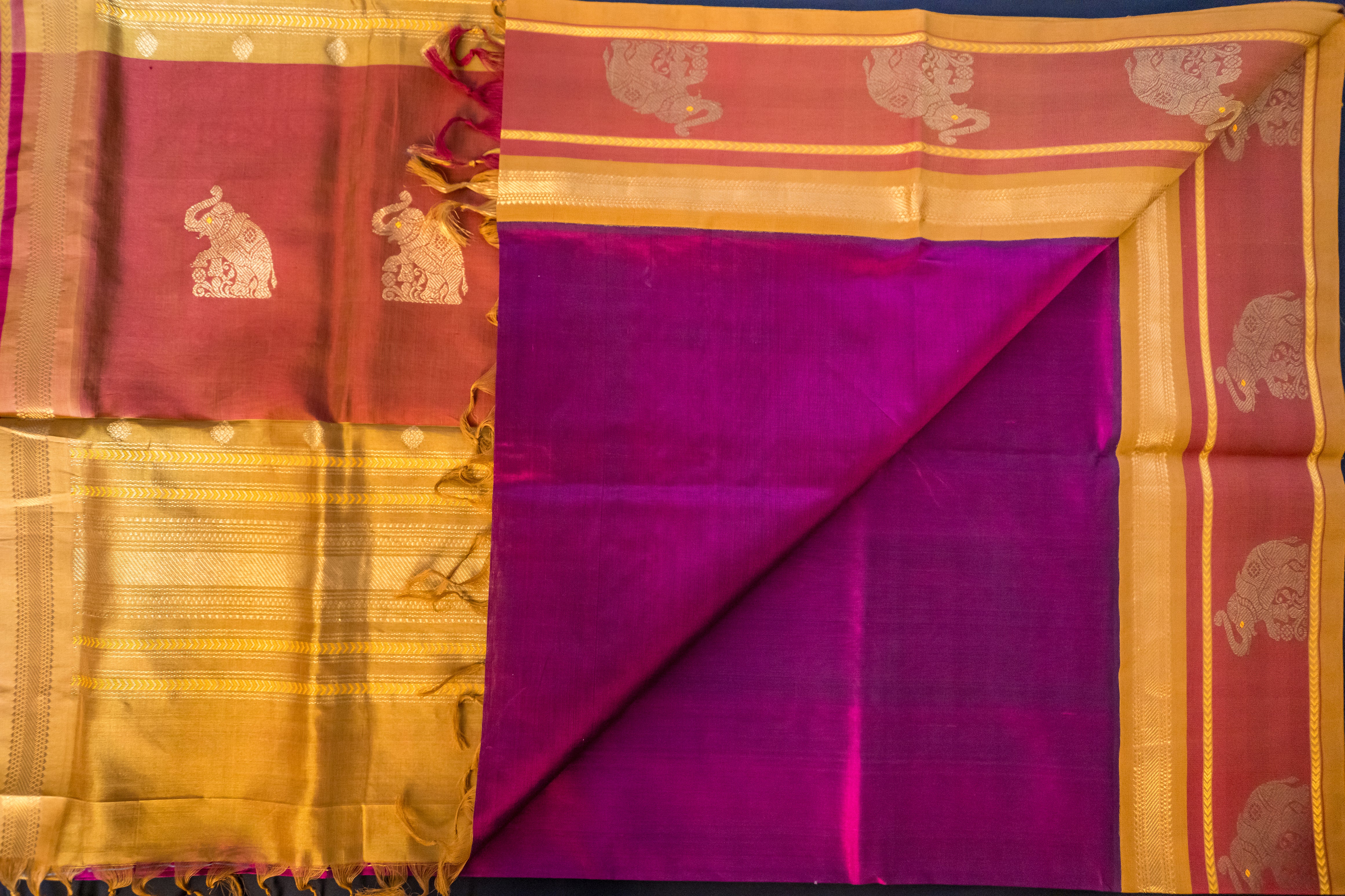 Brick, Mustard, and Wine Silk Cotton Saree