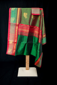 Maroon and Green Elephant Motif Silk Cotton Saree