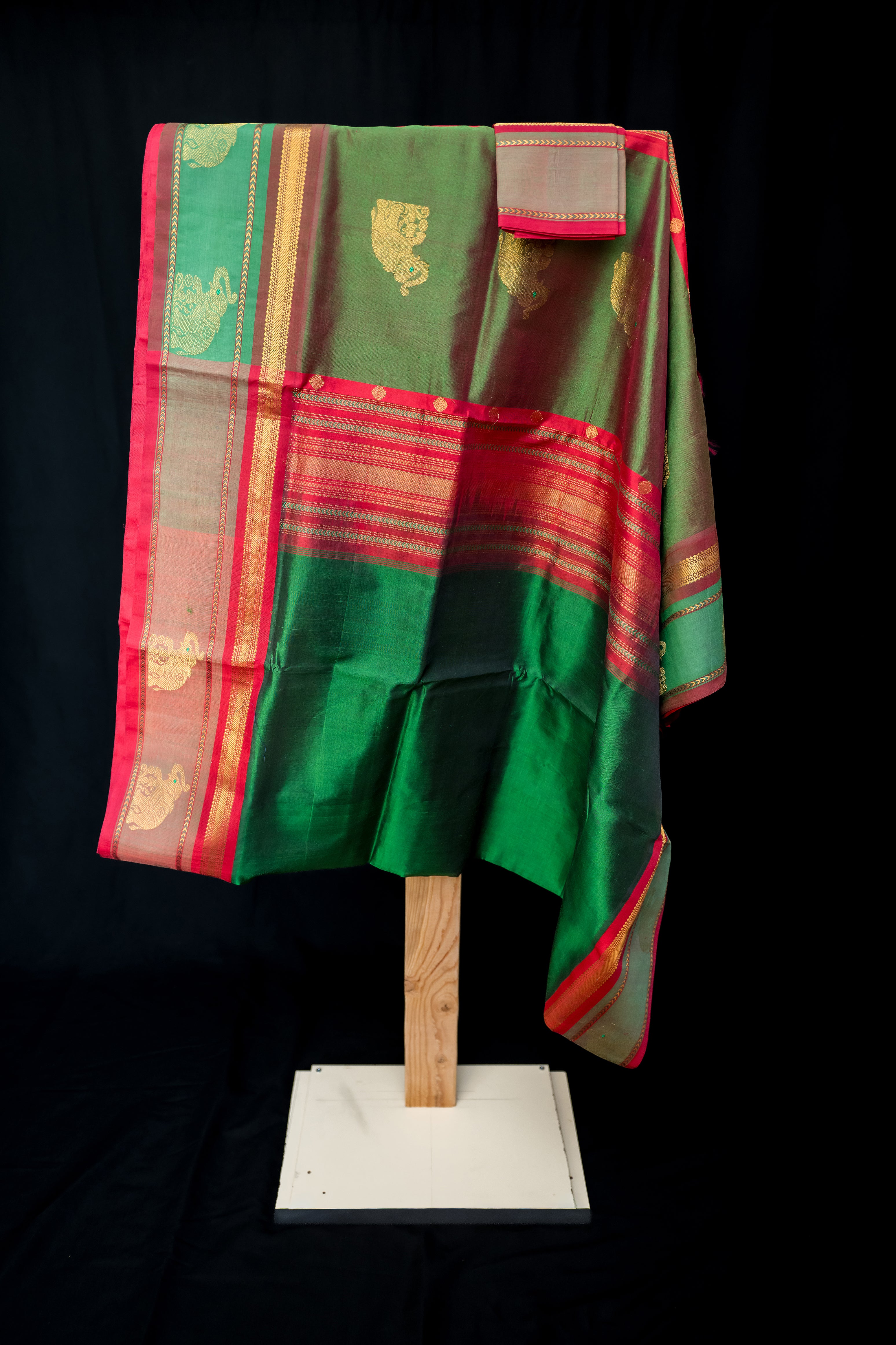 Maroon and Green Elephant Motif Silk Cotton Saree