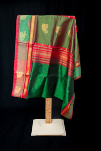 Maroon and Green Elephant Motif Silk Cotton Saree