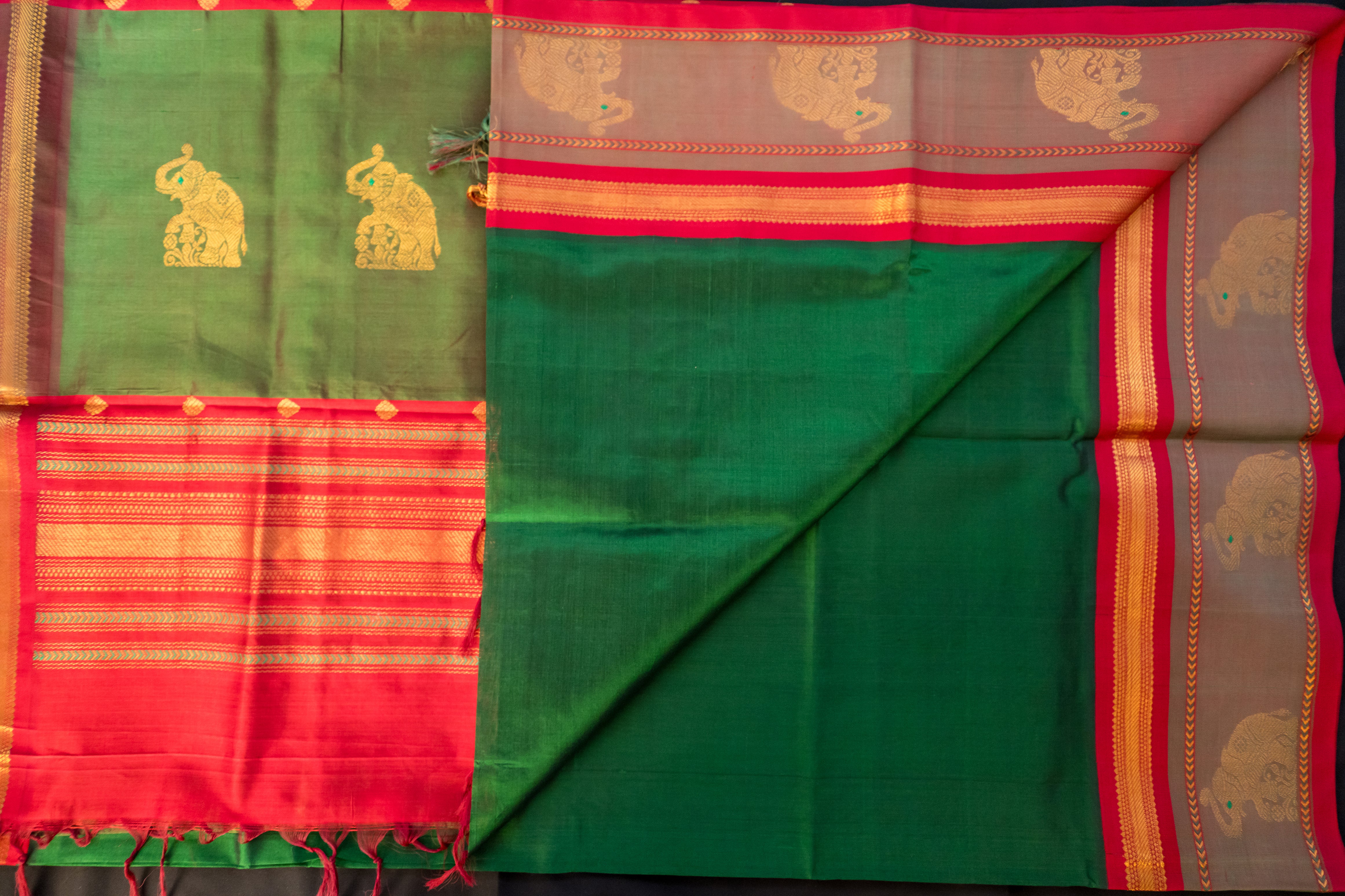 Maroon and Green Elephant Motif Silk Cotton Saree