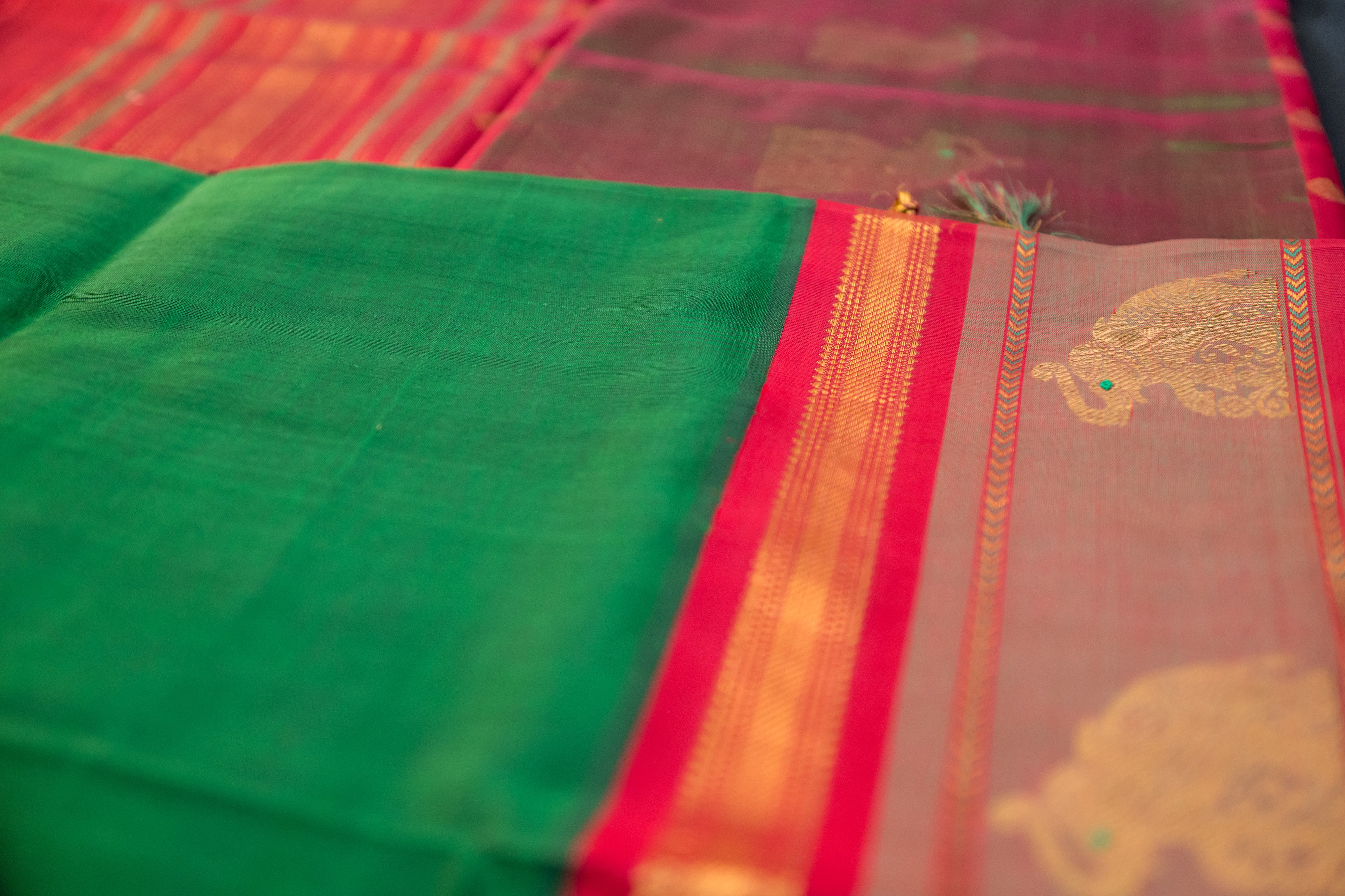 Maroon and Green Elephant Motif Silk Cotton Saree