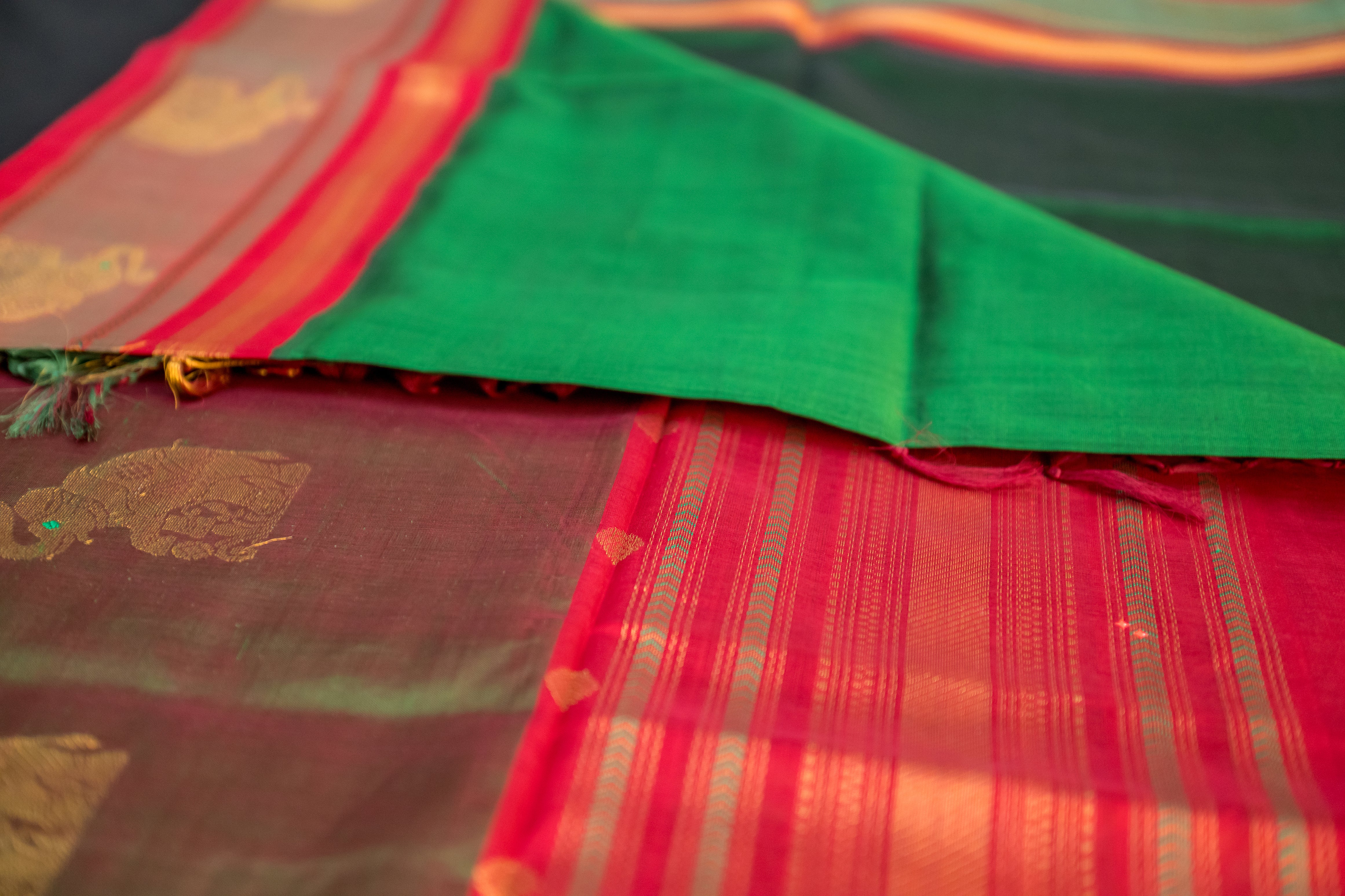 Maroon and Green Elephant Motif Silk Cotton Saree