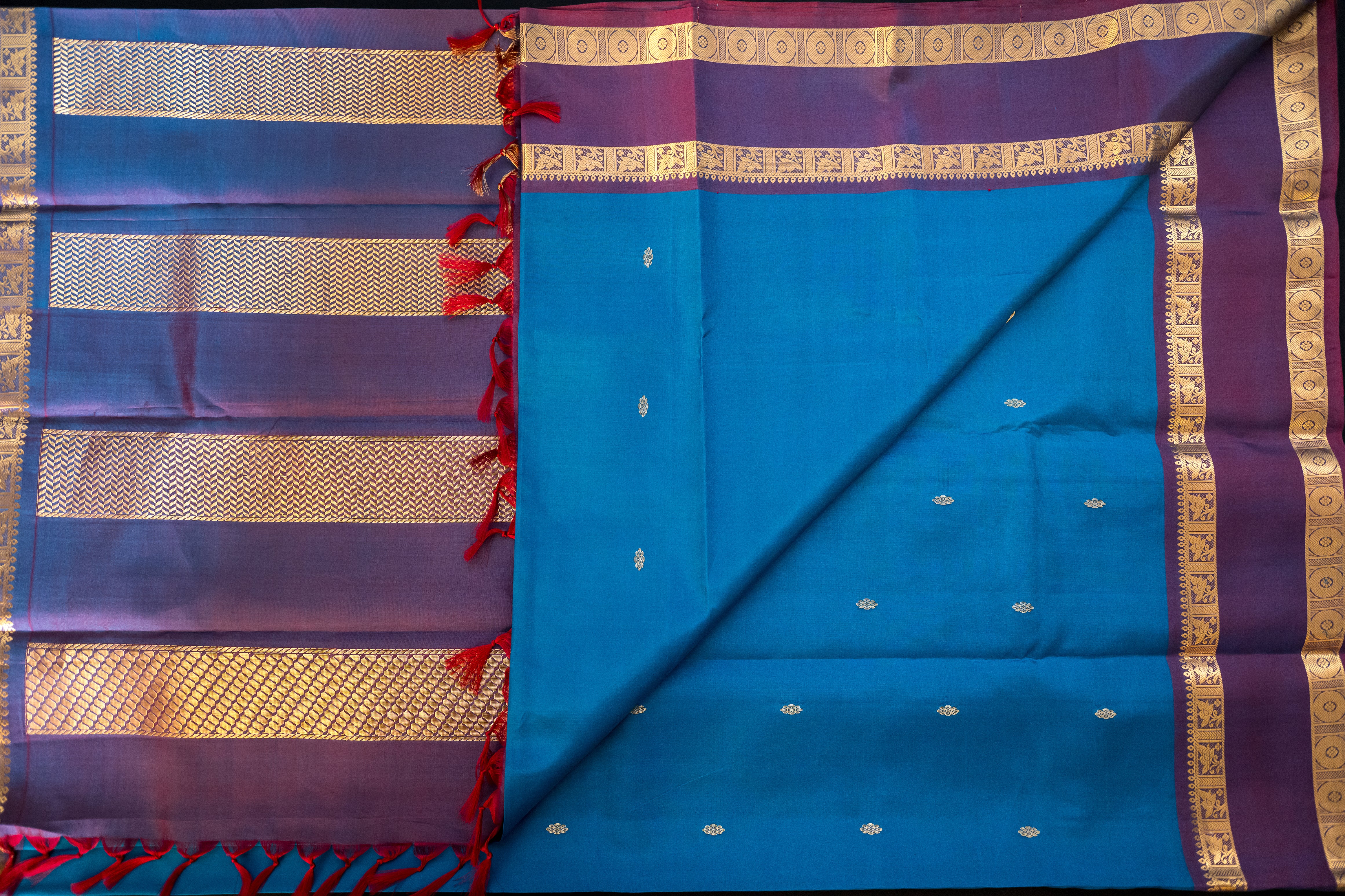 Blue & Double-shaded Magenta Silk Saree