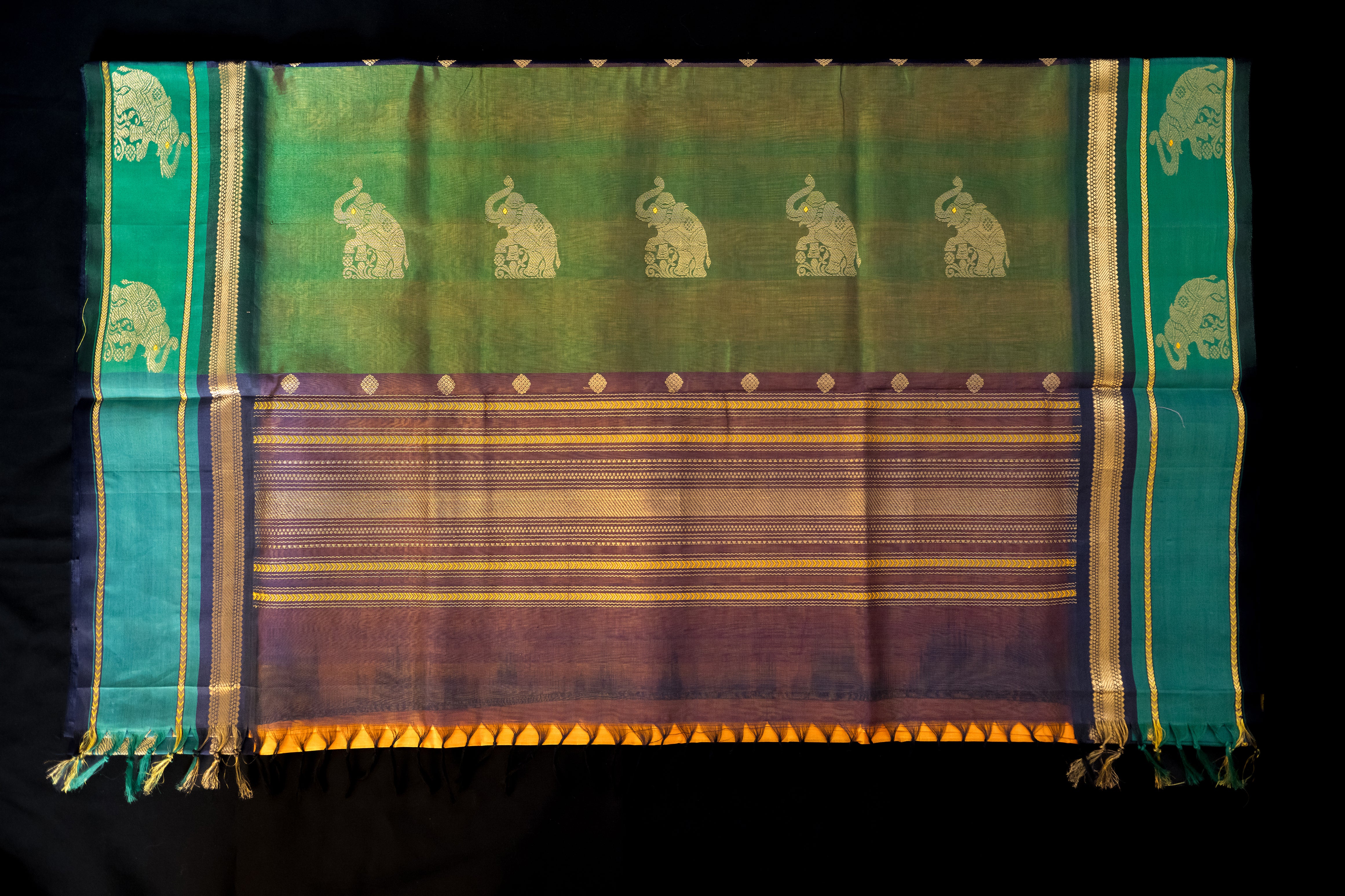 Emerald Forest & Amber Gold Silk Cotton Saree