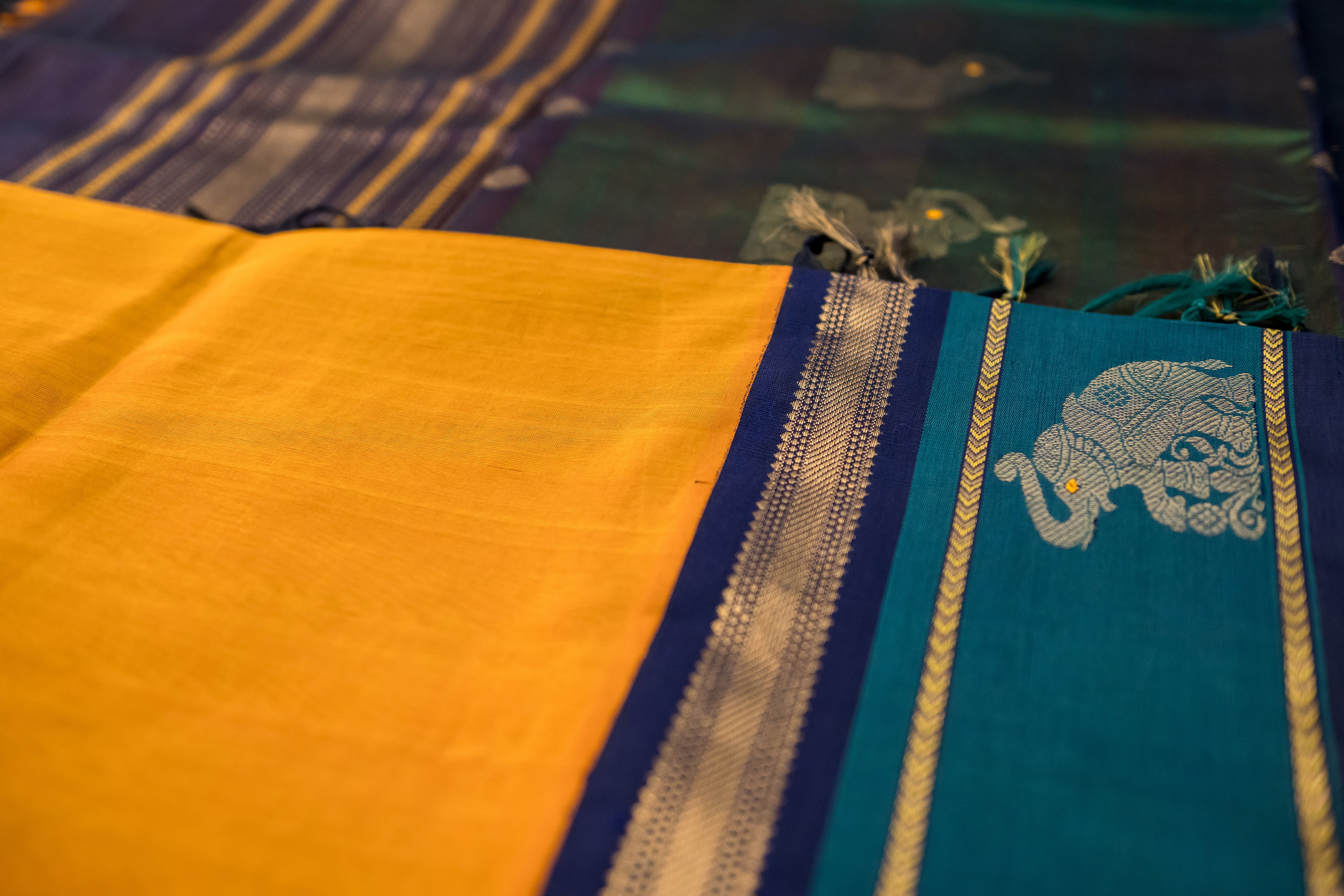Emerald Forest & Amber Gold Silk Cotton Saree