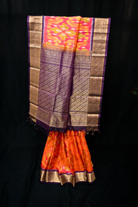Sunset Orange Silk Ikat Saree with Royal Purple Pallu