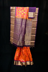 Sunset Orange Silk Ikat Saree with Royal Purple Pallu