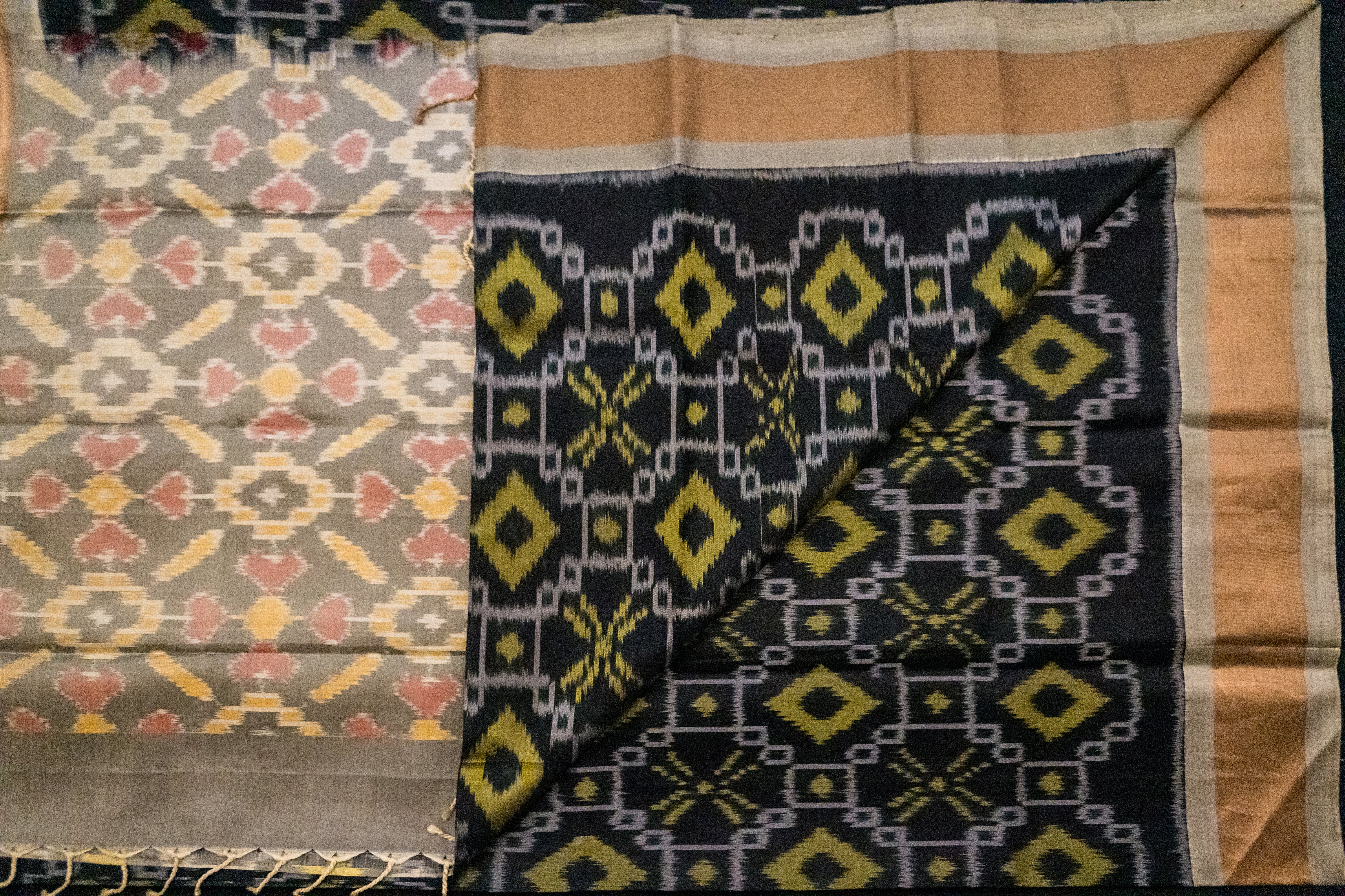 Midnight Charcoal and Grey Ikat Silk Saree