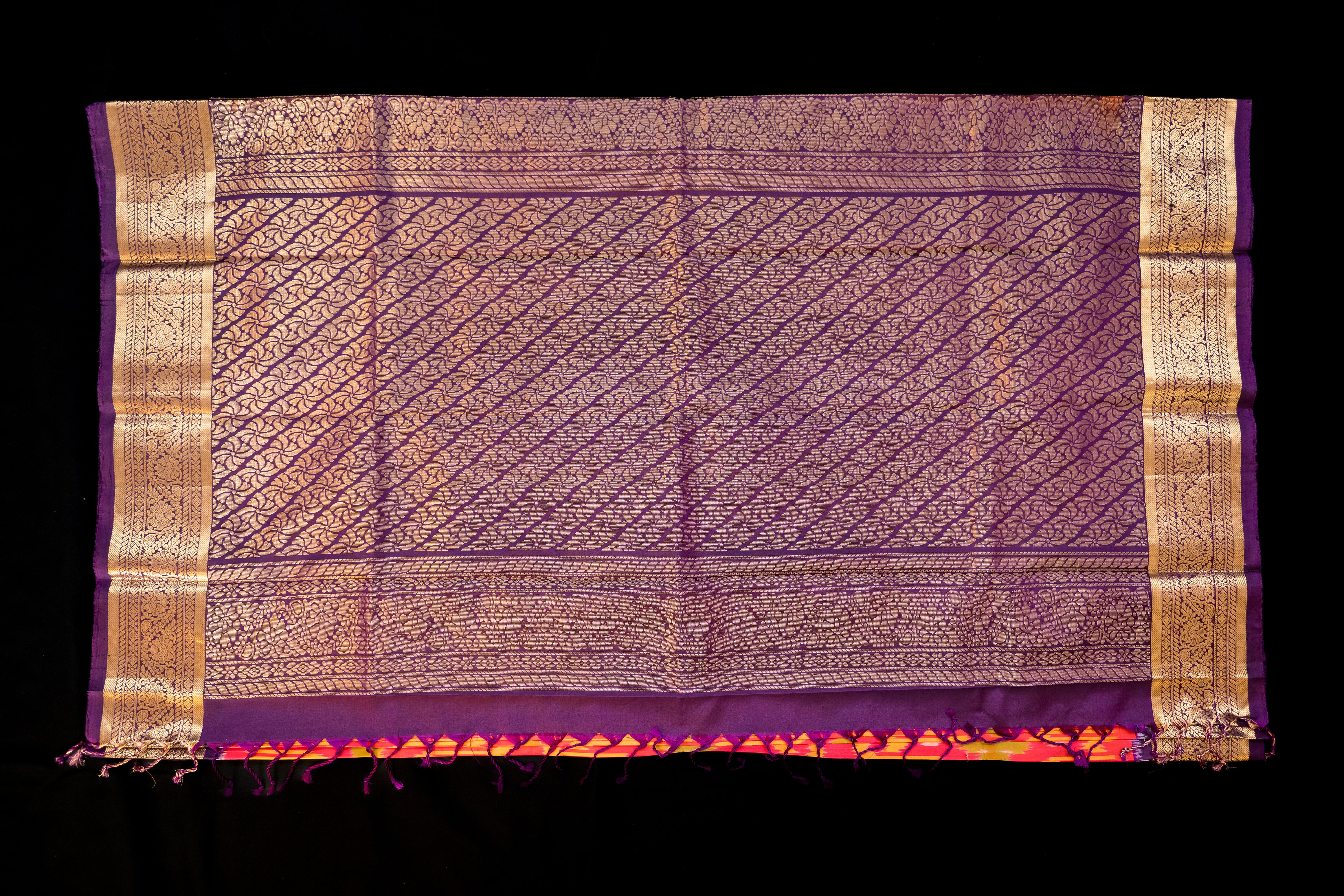 Sunset Orange Silk Ikat Saree with Royal Purple Pallu