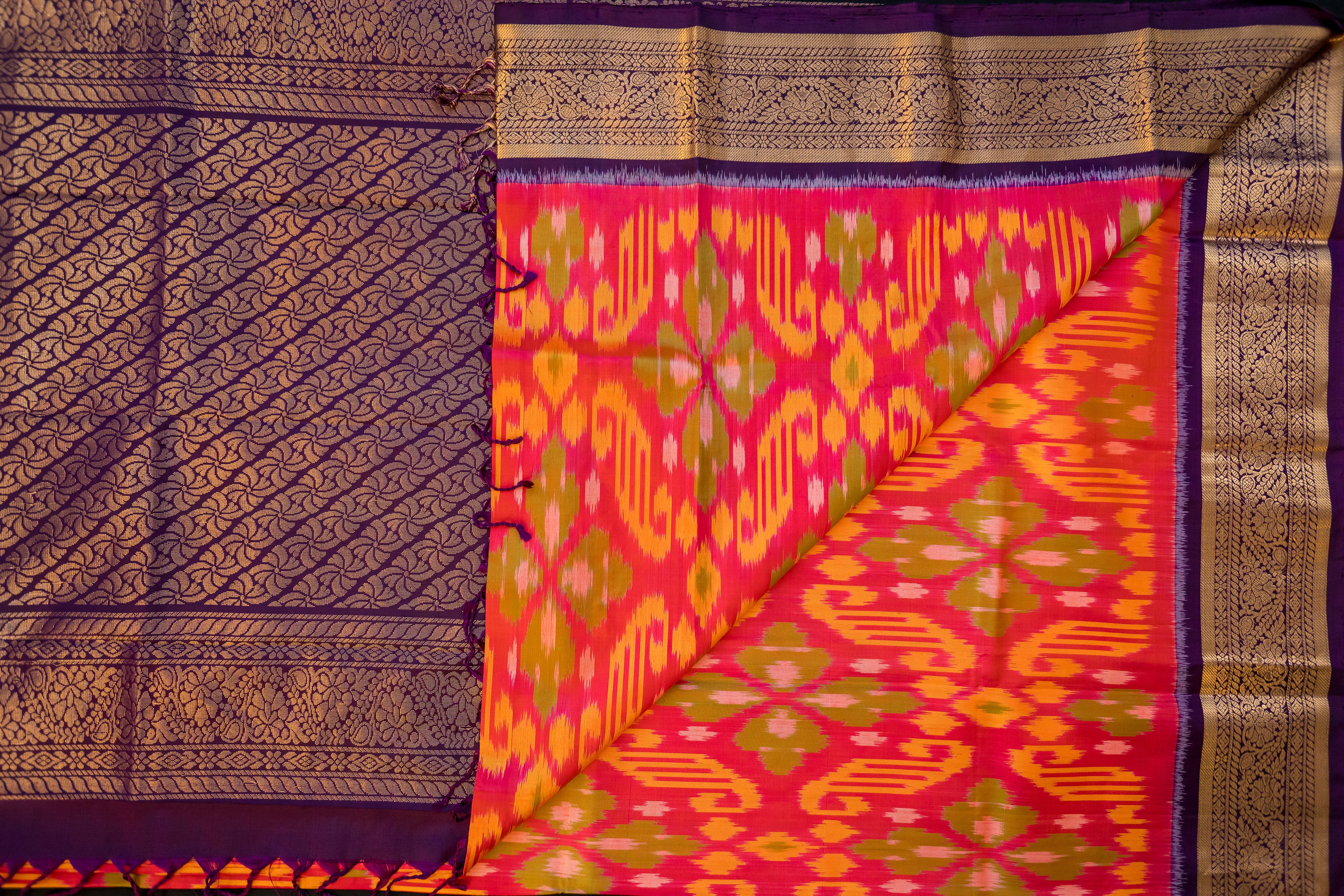 Sunset Orange Silk Ikat Saree with Royal Purple Pallu