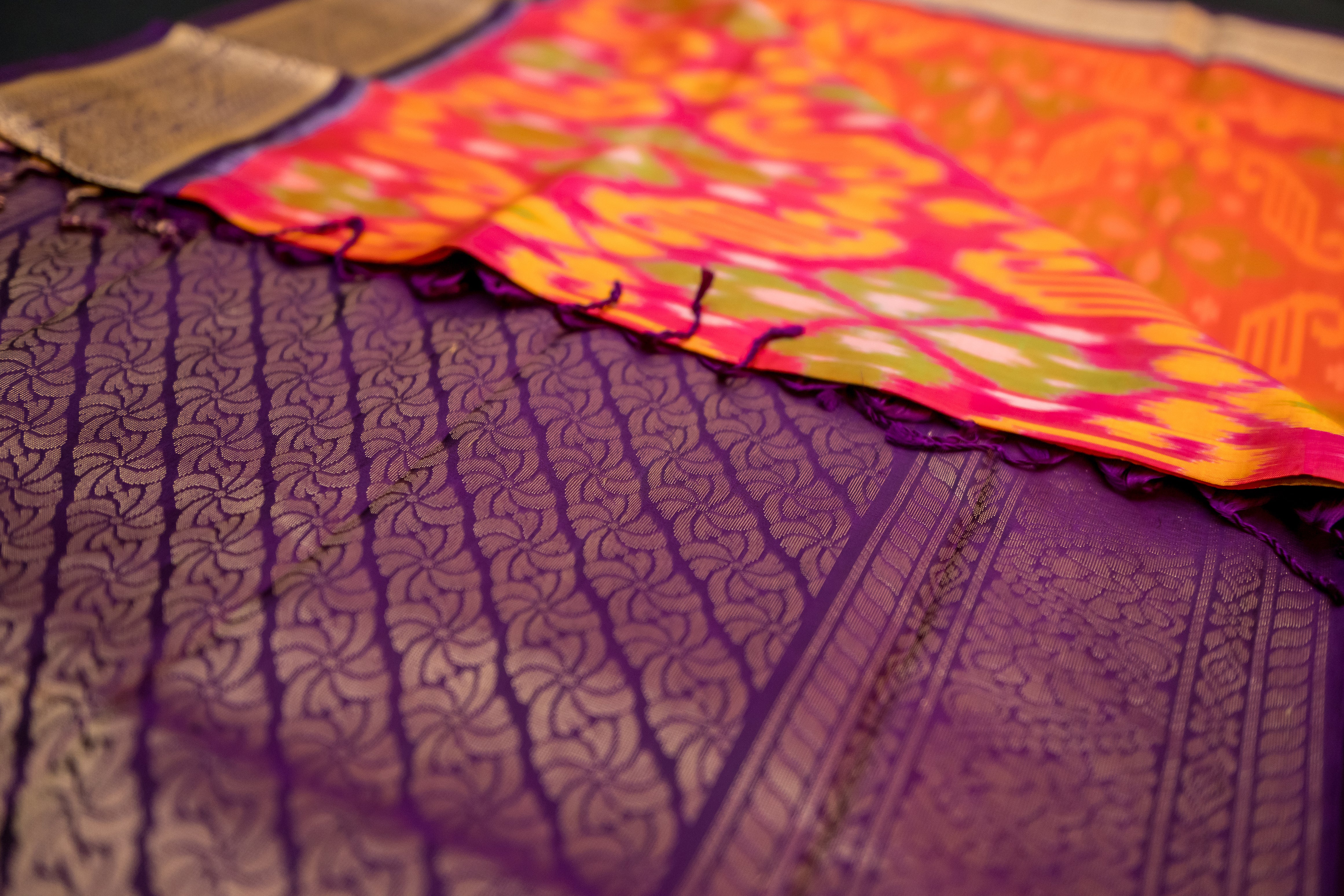 Sunset Orange Silk Ikat Saree with Royal Purple Pallu