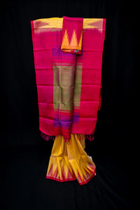 Canary Yellow Temple Gadwal and Fuchsia Handloom Silk Saree