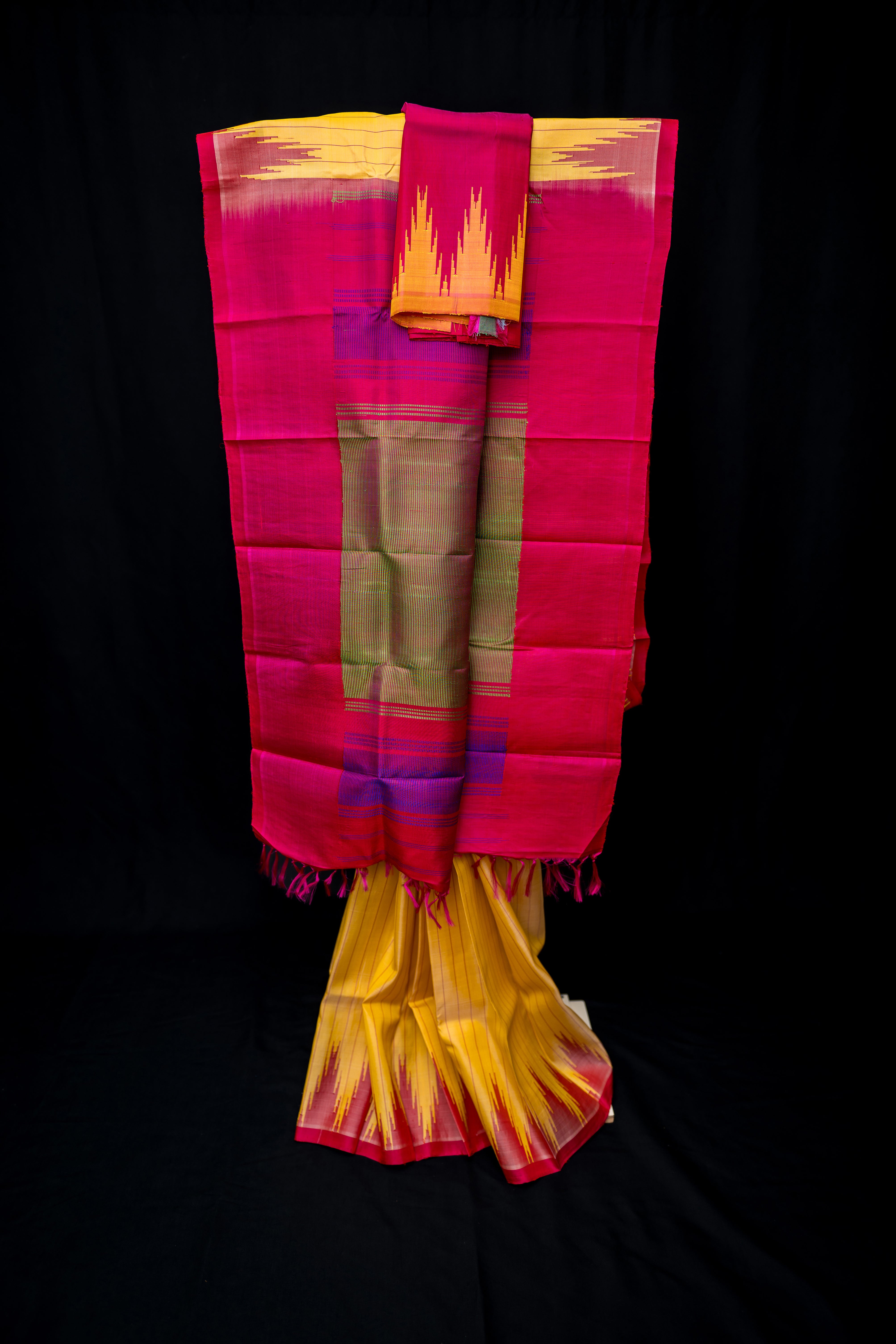 Canary Yellow Temple Gadwal and Fuchsia Handloom Silk Saree