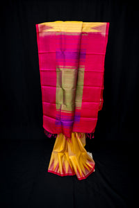 Canary Yellow Temple Gadwal and Fuchsia Handloom Silk Saree