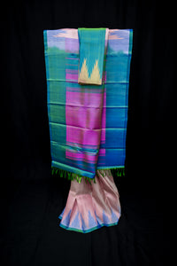 Pastel Peach Checkered Gadwal and Azure Blue Silk Saree