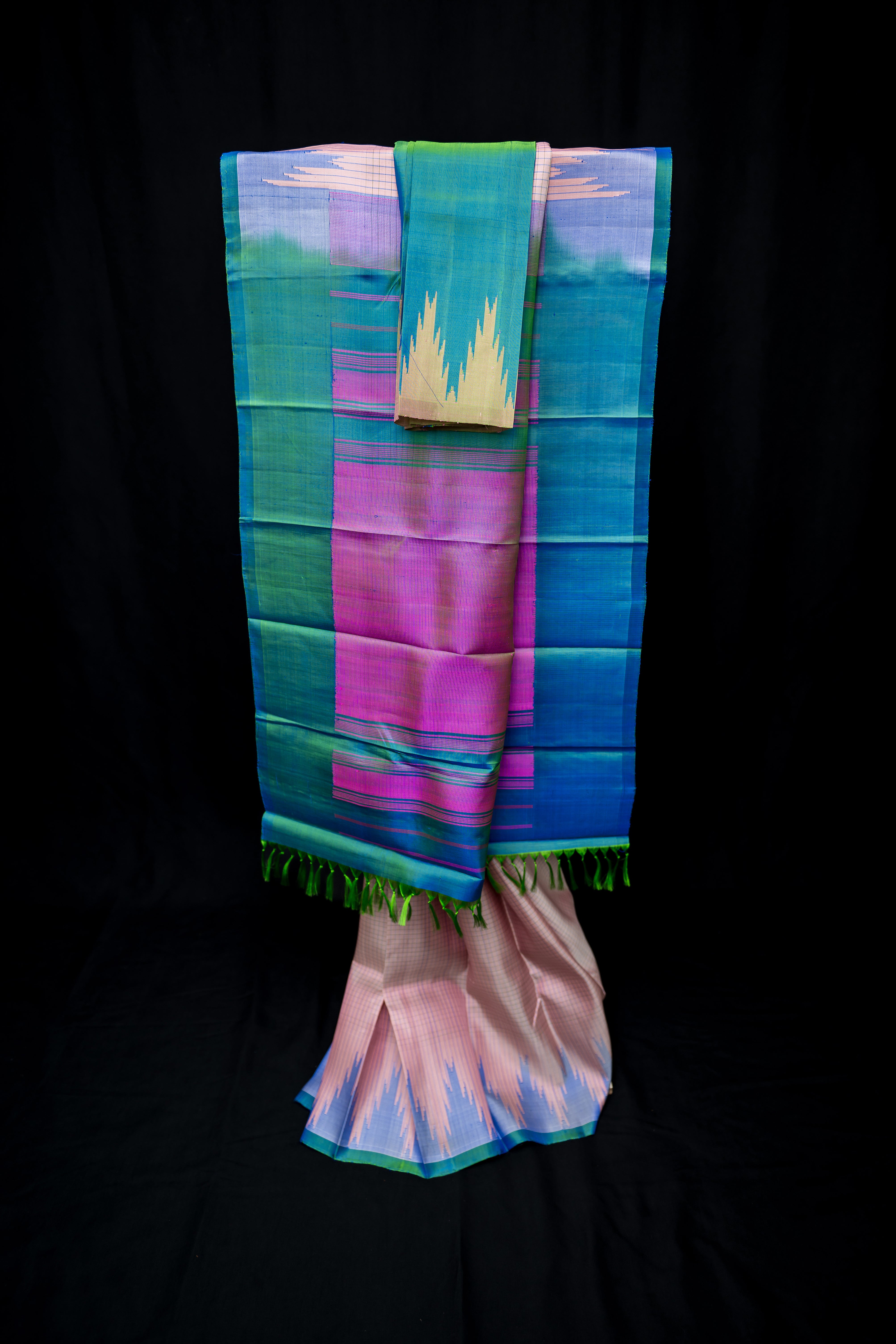 Pastel Peach Checkered Gadwal and Azure Blue Silk Saree