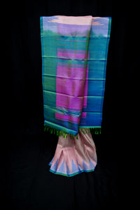 Pastel Peach Checkered Gadwal and Azure Blue Silk Saree