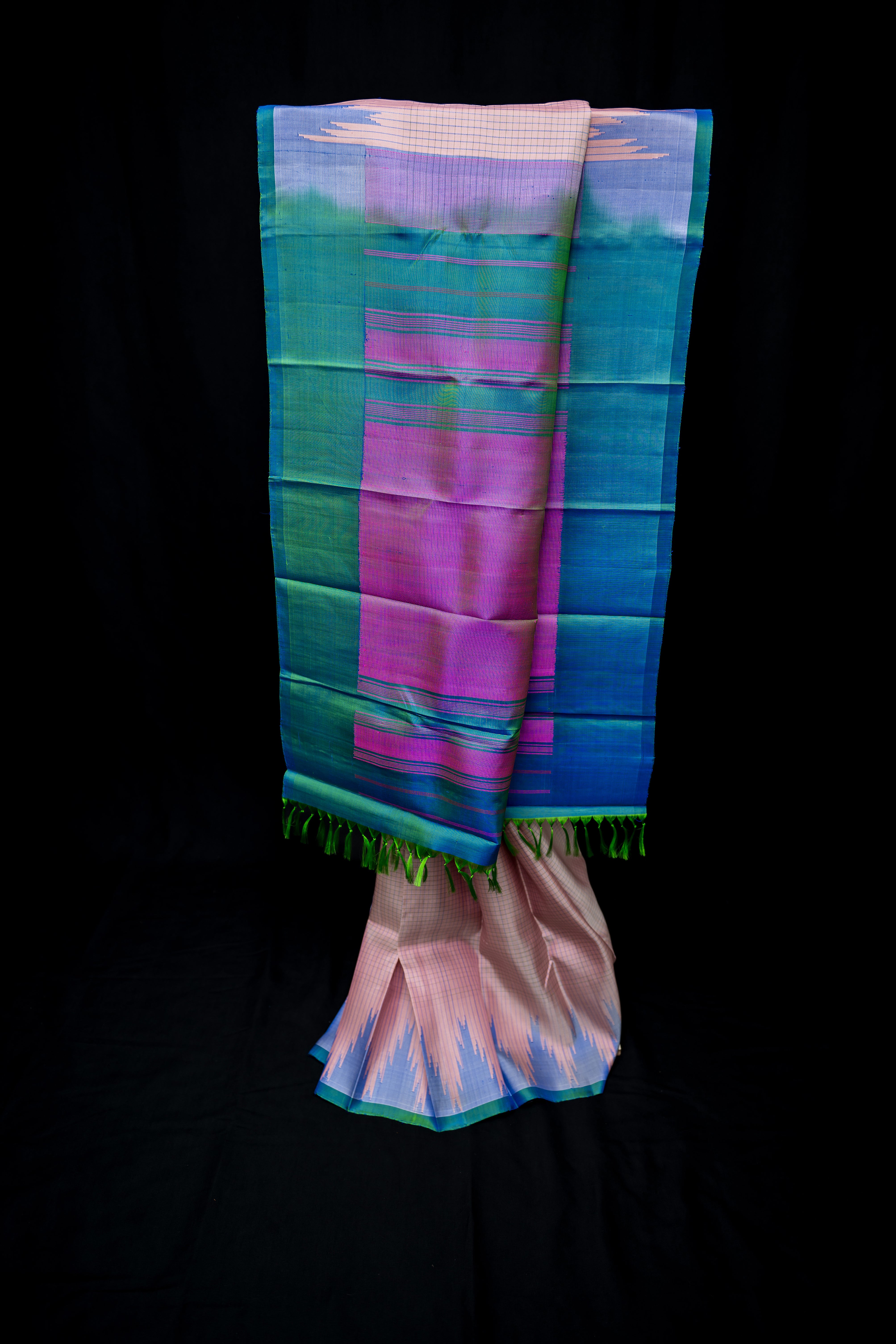 Pastel Peach Checkered Gadwal and Azure Blue Silk Saree