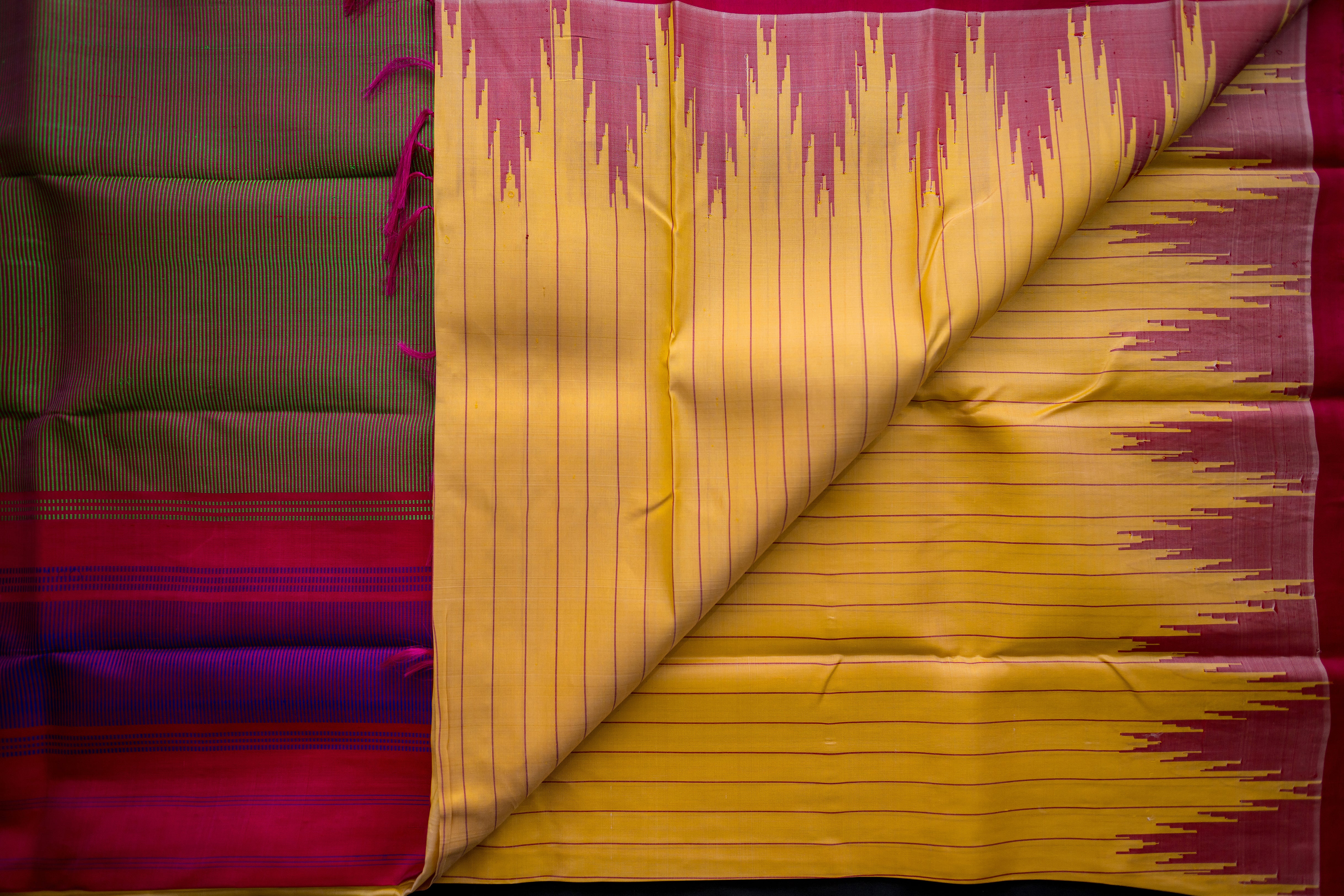 Canary Yellow Temple Gadwal and Fuchsia Handloom Silk Saree