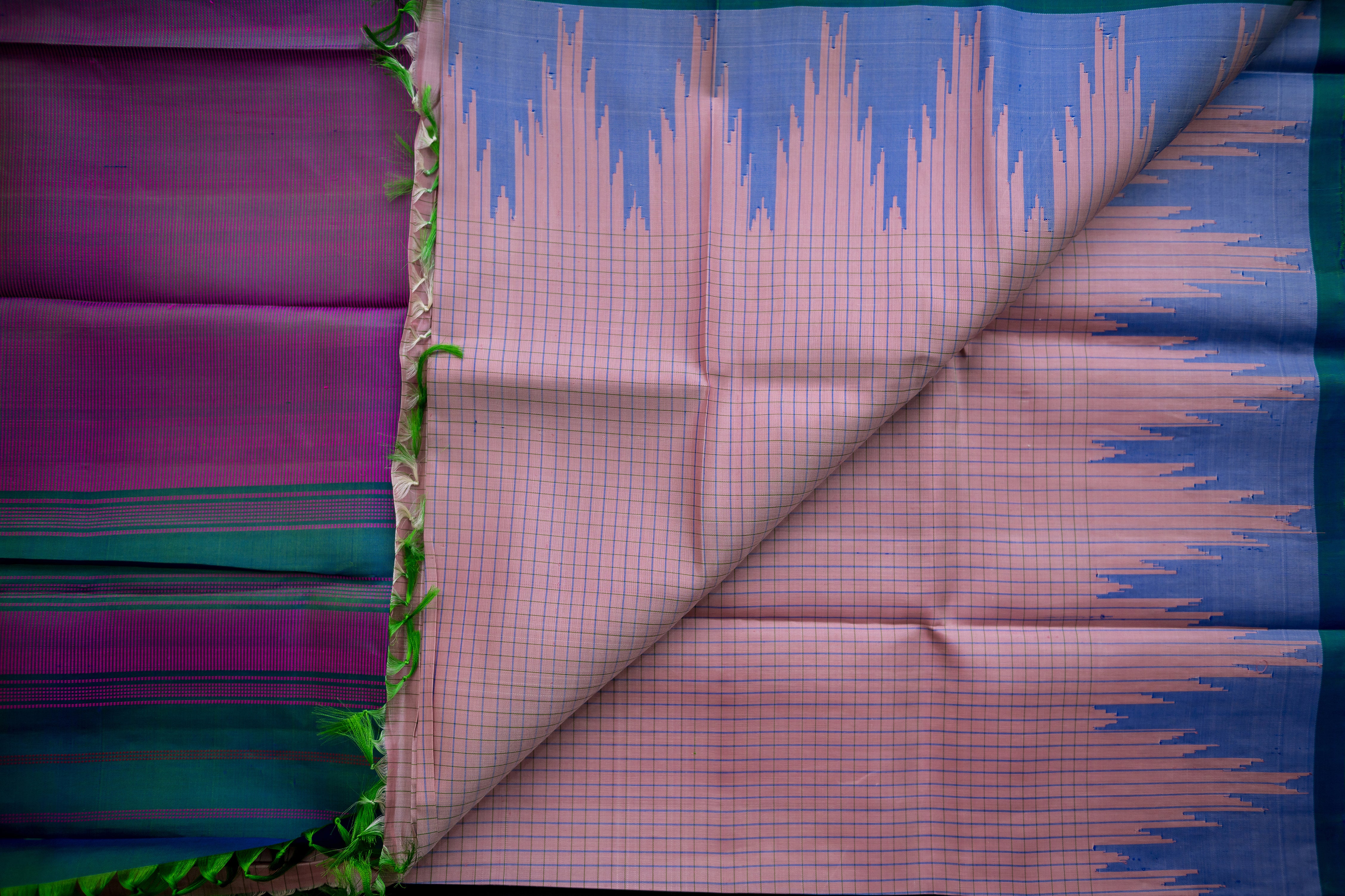 Pastel Peach Checkered Gadwal and Azure Blue Silk Saree