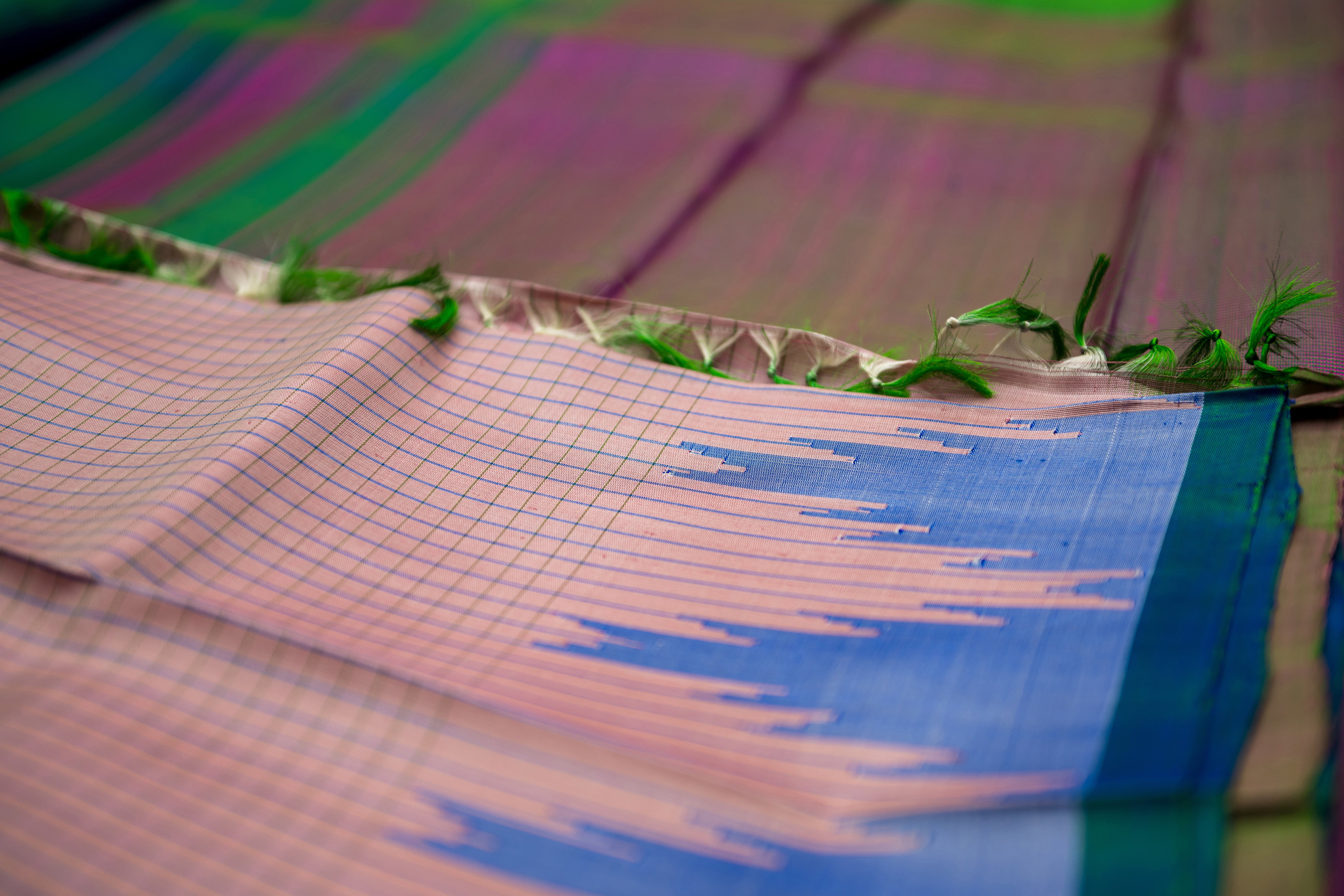 Pastel Peach Checkered Gadwal and Azure Blue Silk Saree