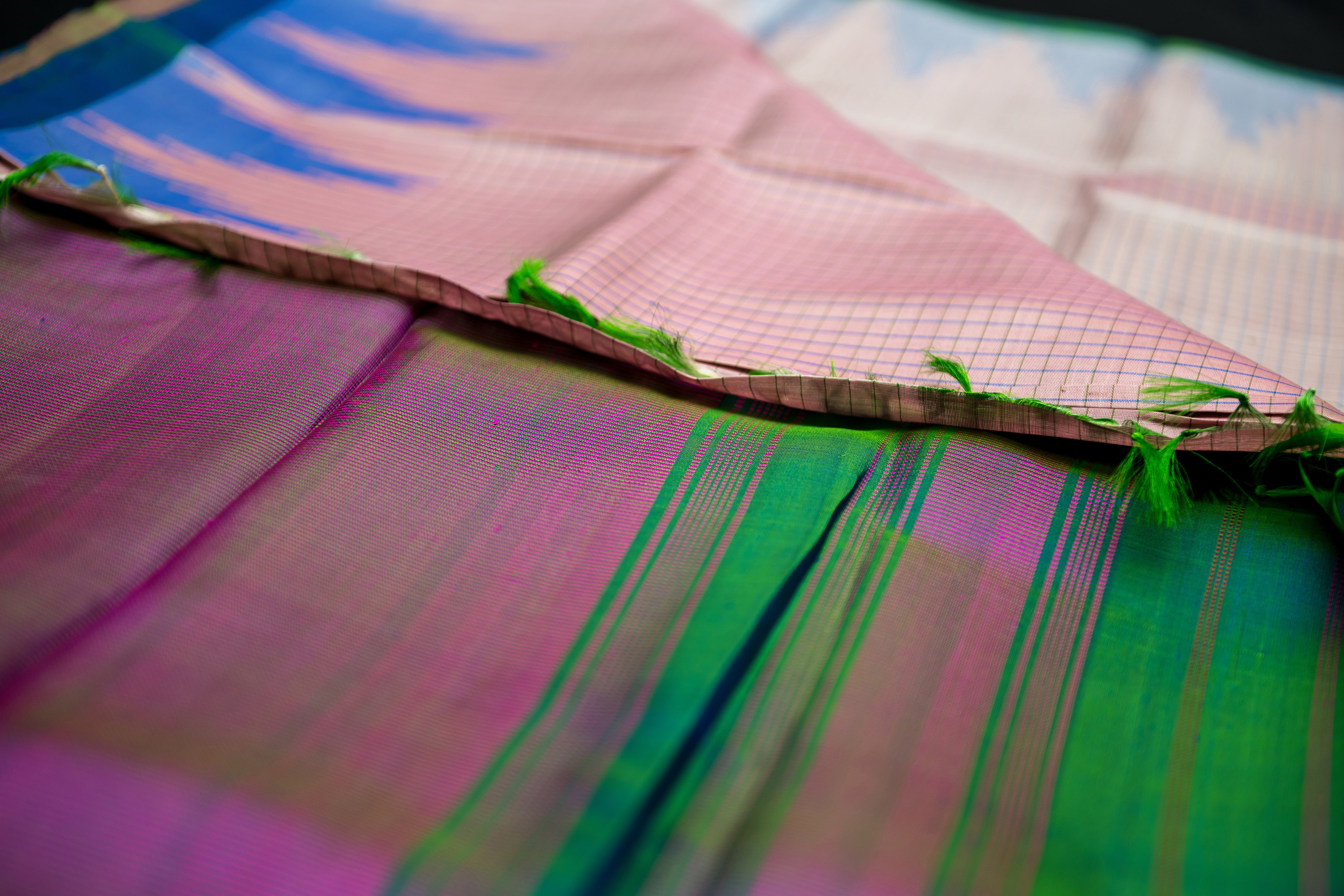 Pastel Peach Checkered Gadwal and Azure Blue Silk Saree