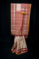 Pearl Cream and Terracotta Pinstripe Handloom Threadwork Silk Saree