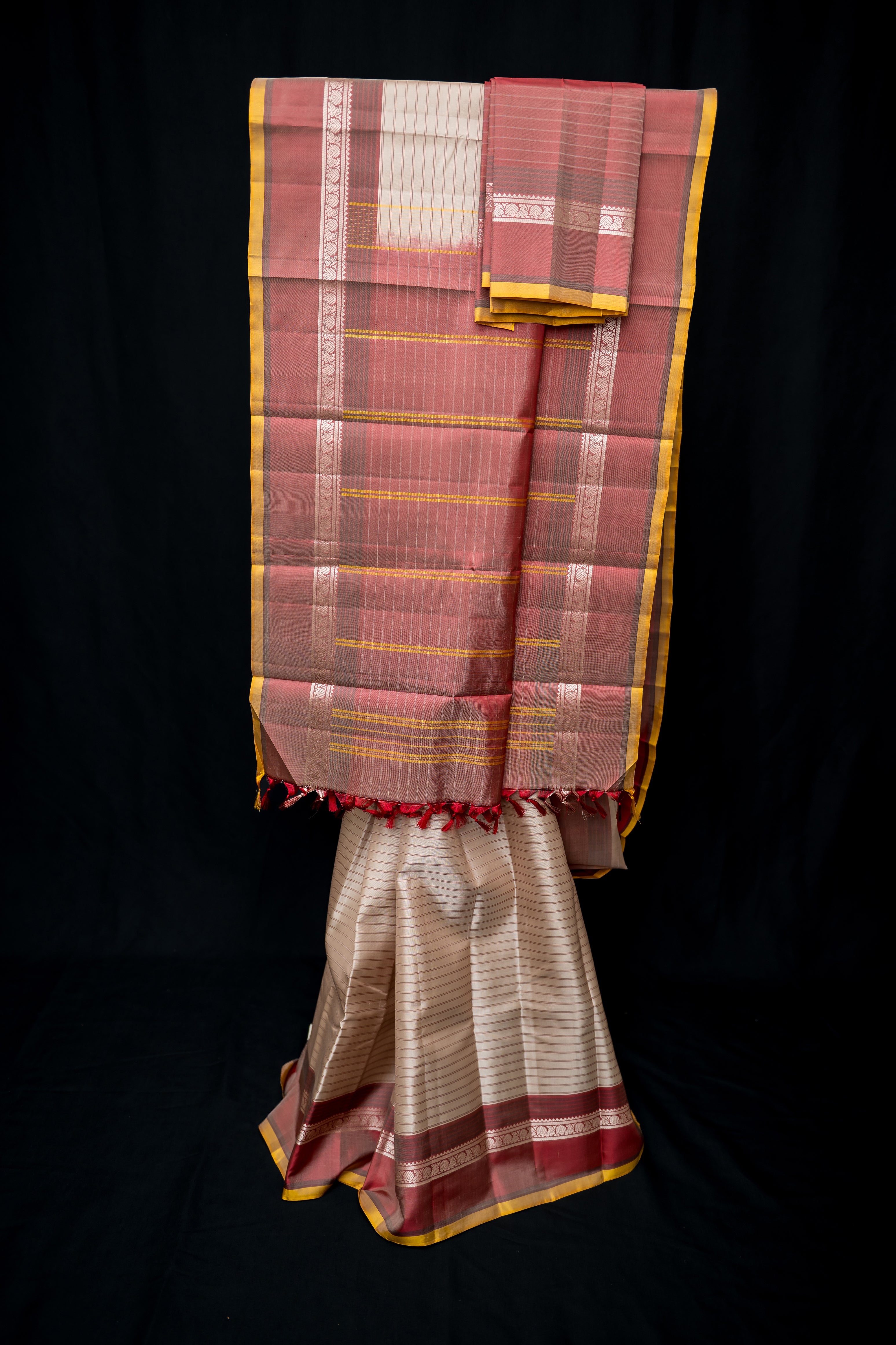 Pearl Cream and Terracotta Pinstripe Handloom Threadwork Silk Saree
