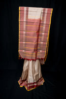 Pearl Cream and Terracotta Pinstripe Handloom Threadwork Silk Saree
