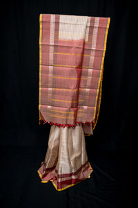 Pearl Cream and Terracotta Pinstripe Handloom Threadwork Silk Saree