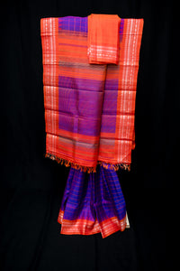 Royal Purple Checkered Gadwal and Electric Orange Silk Saree