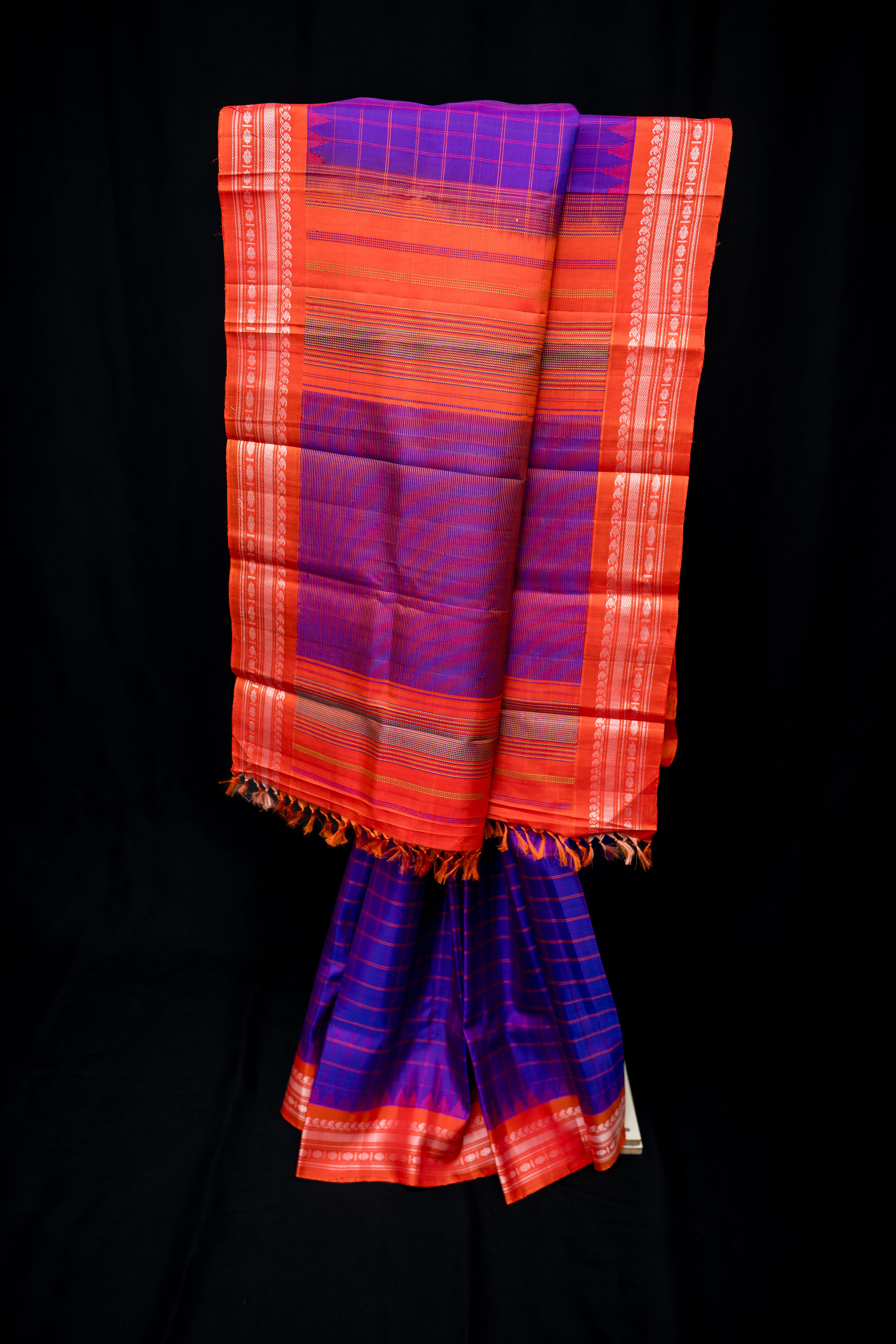 Royal Purple Checkered Gadwal and Electric Orange Silk Saree