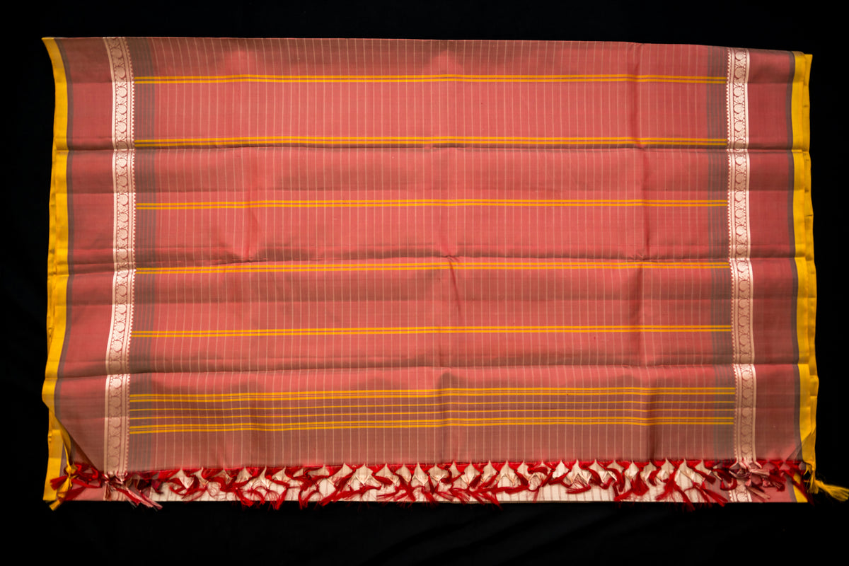 Pearl Cream and Terracotta Pinstripe Handloom Threadwork Silk Saree