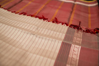 Pearl Cream and Terracotta Pinstripe Handloom Threadwork Silk Saree