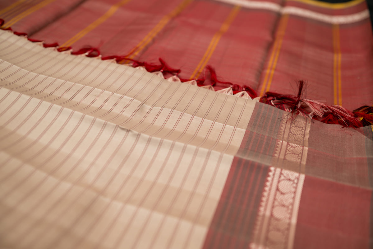 Pearl Cream and Terracotta Pinstripe Handloom Threadwork Silk Saree