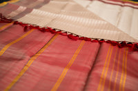 Pearl Cream and Terracotta Pinstripe Handloom Threadwork Silk Saree