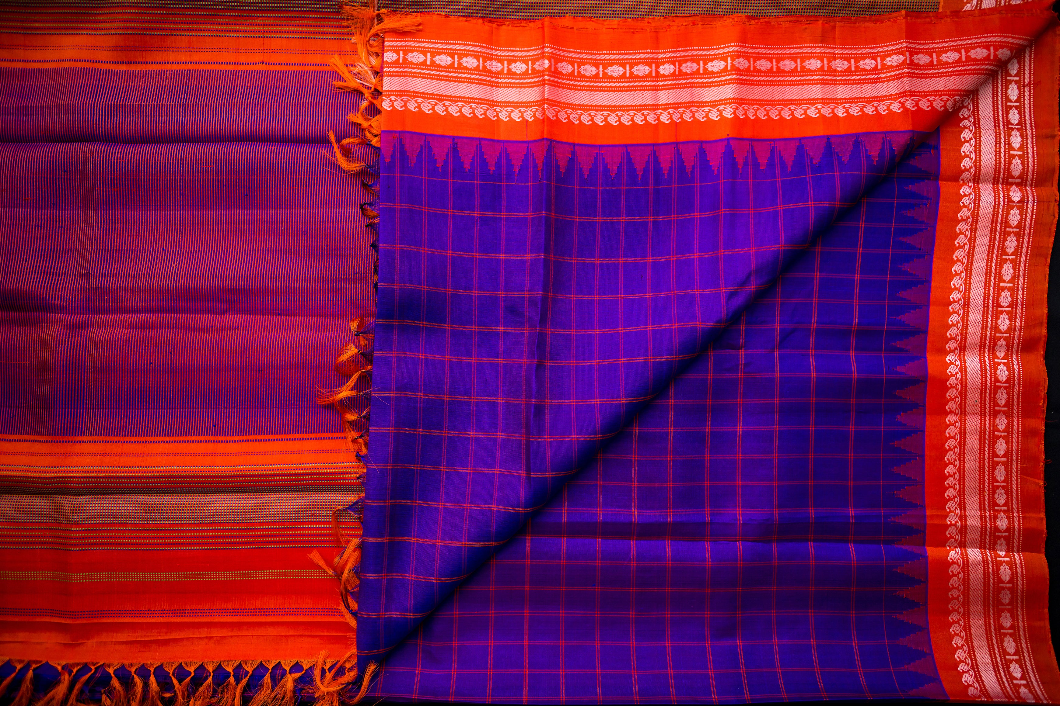 Royal Purple Checkered Gadwal and Electric Orange Silk Saree