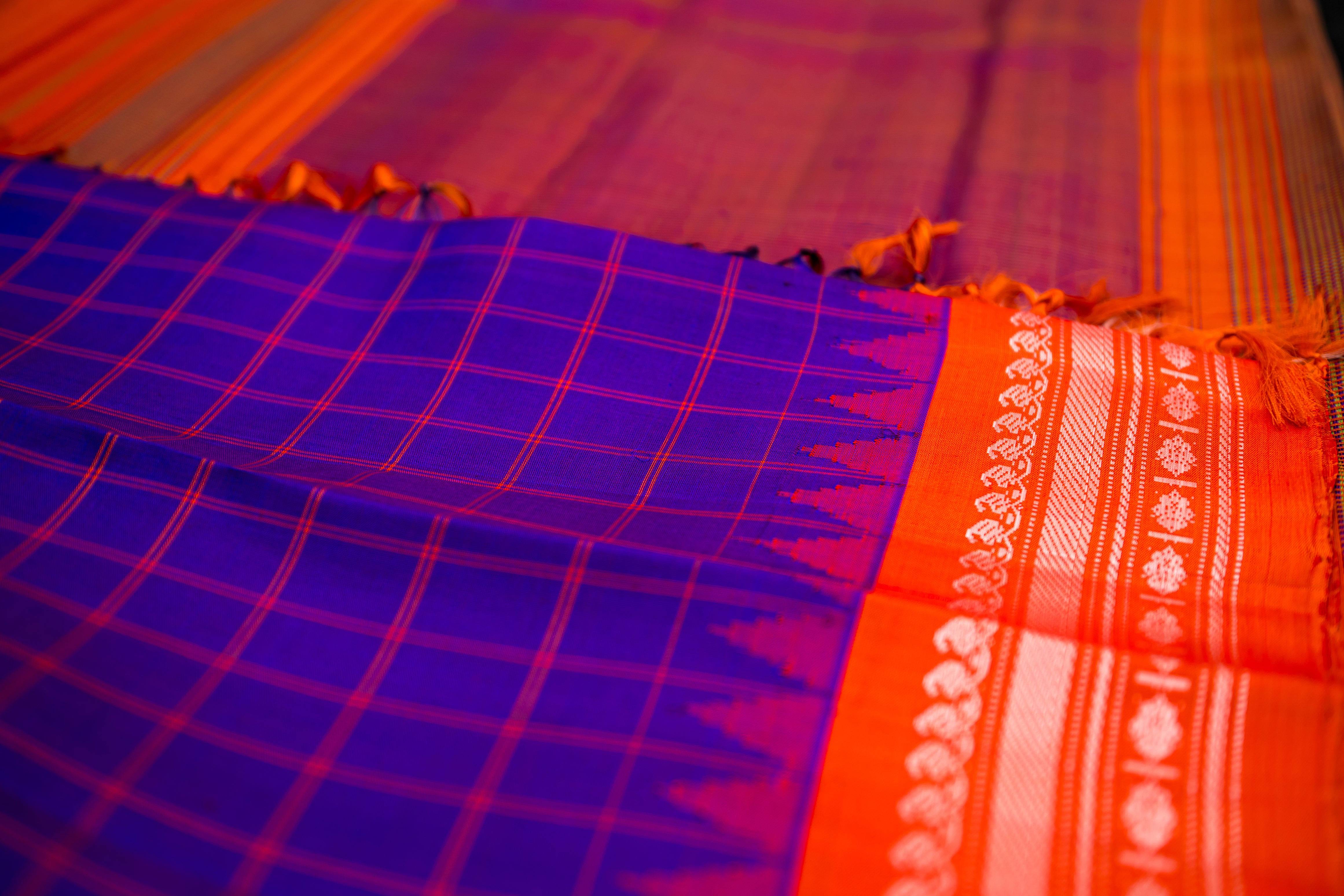 Royal Purple Checkered Gadwal and Electric Orange Silk Saree
