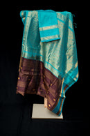 Teal Blue and Coffee Bean Brown Silk Cotton Saree