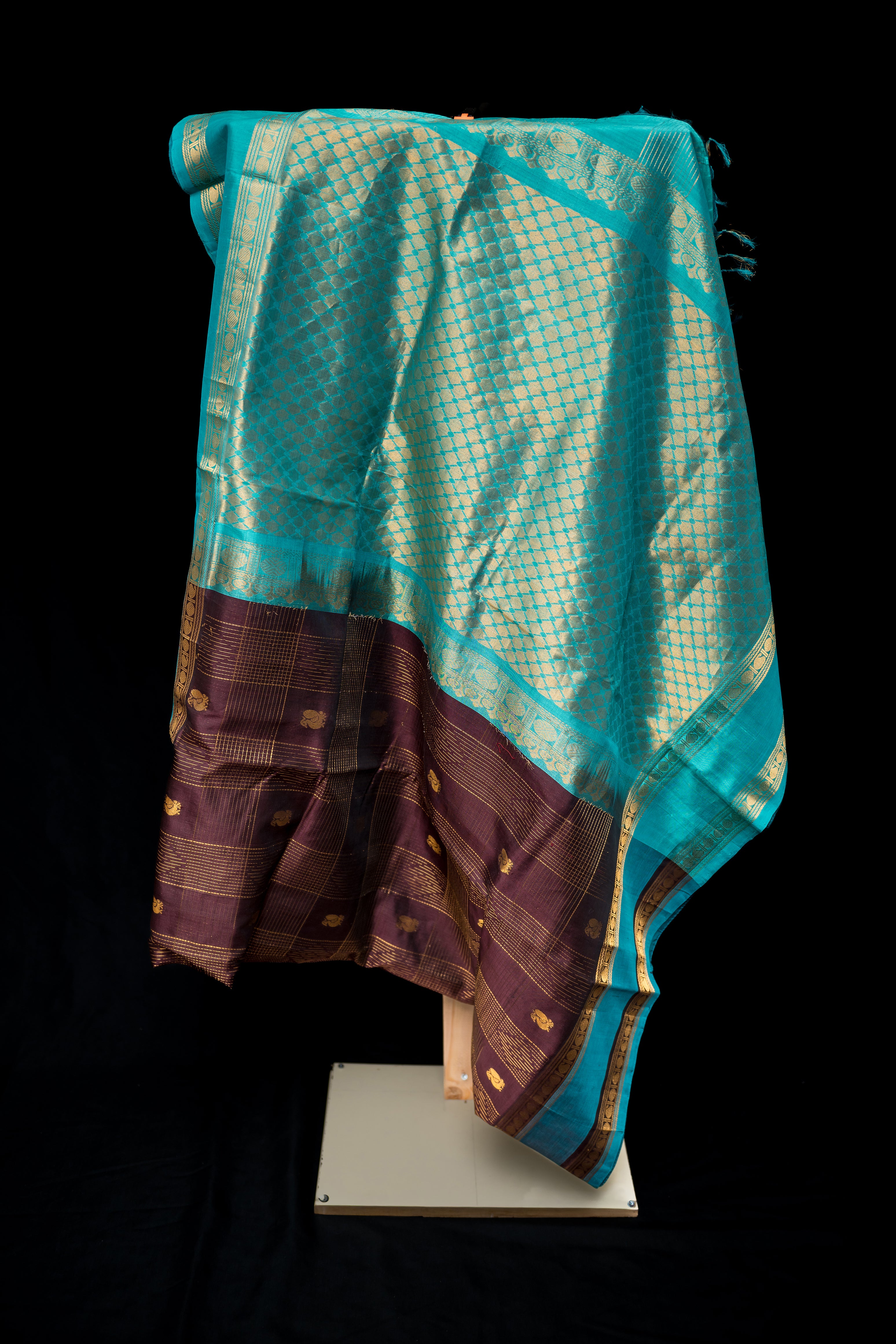 Teal Blue and Coffee Bean Brown Silk Cotton Saree