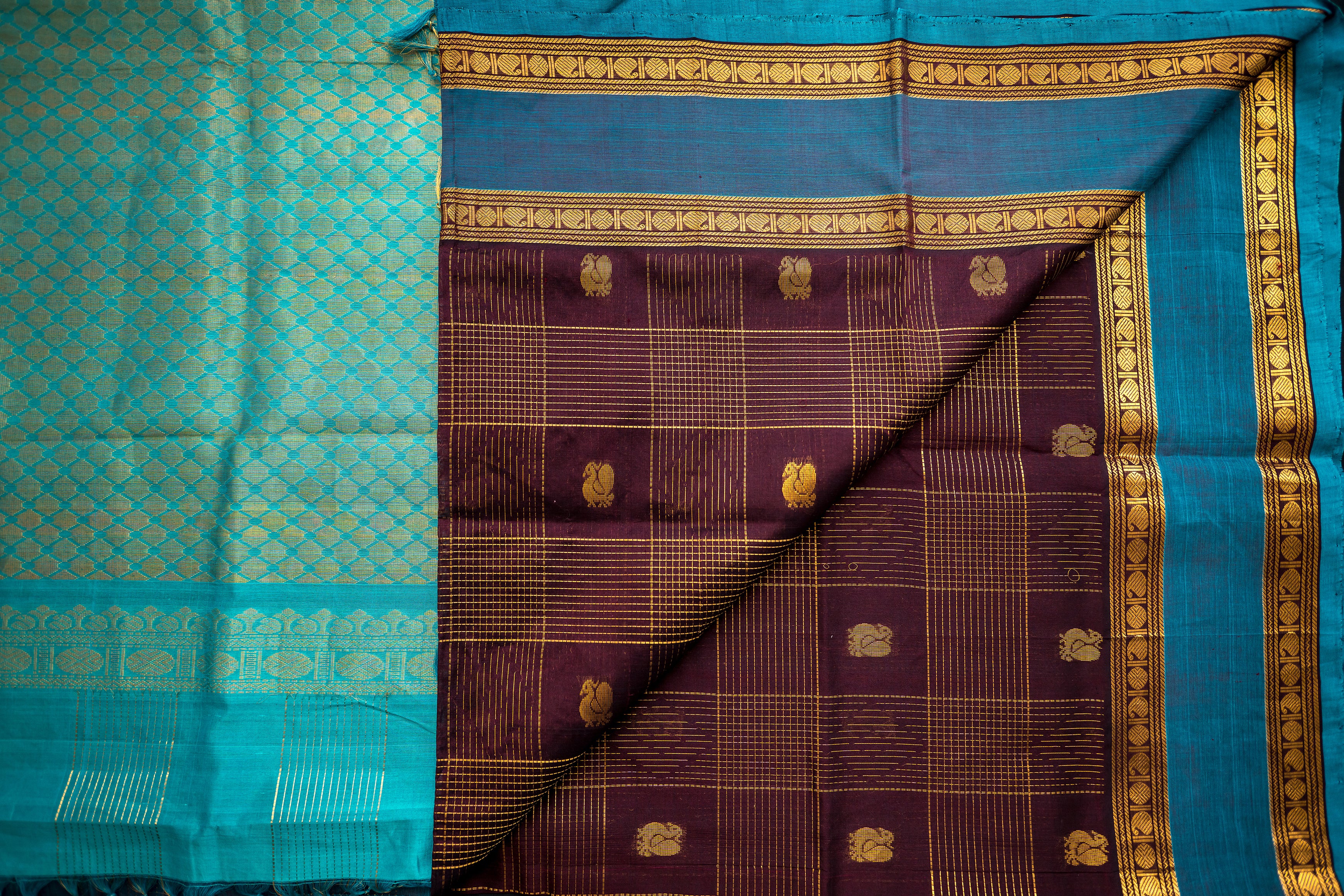 Teal Blue and Coffee Bean Brown Silk Cotton Saree