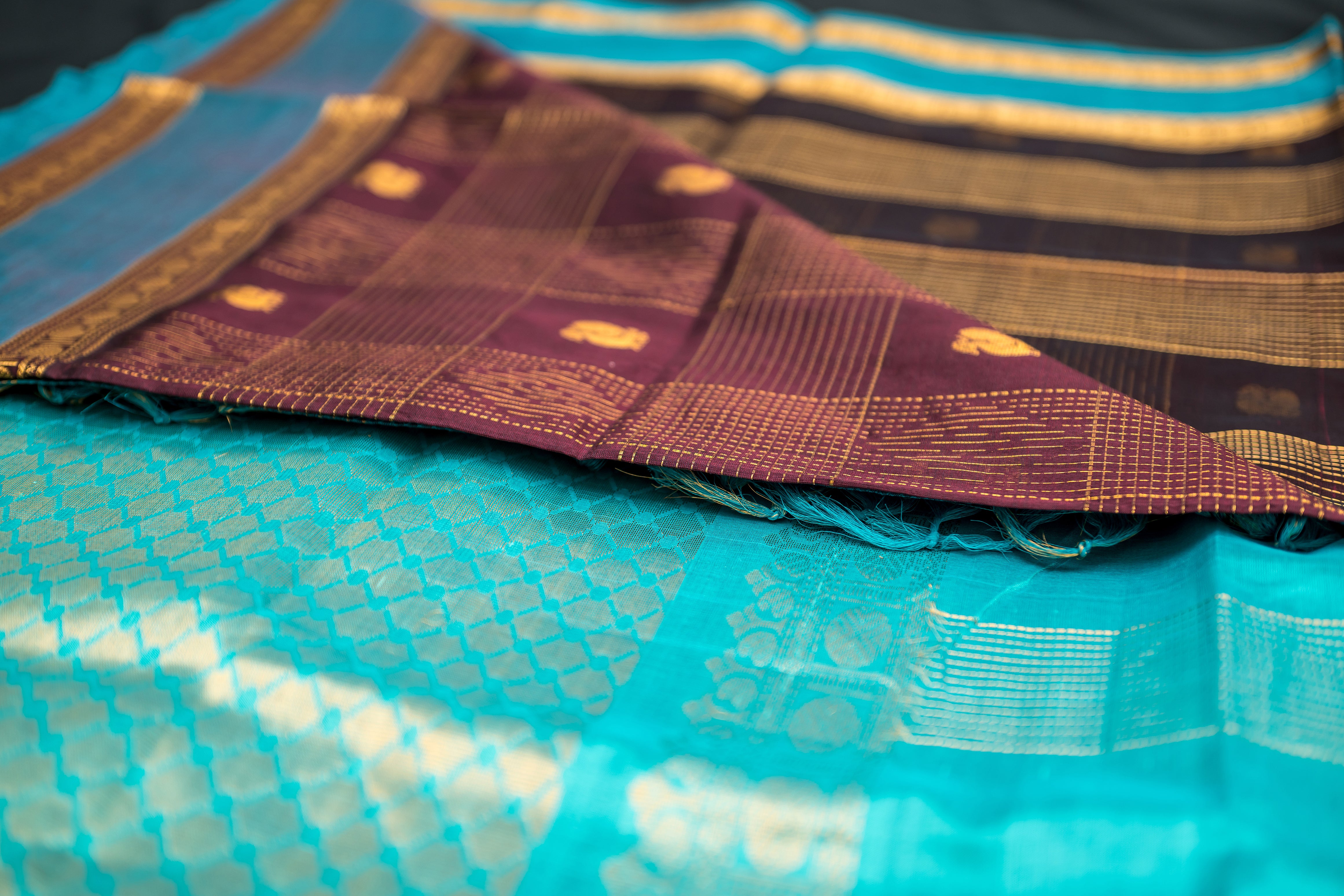 Teal Blue and Coffee Bean Brown Silk Cotton Saree