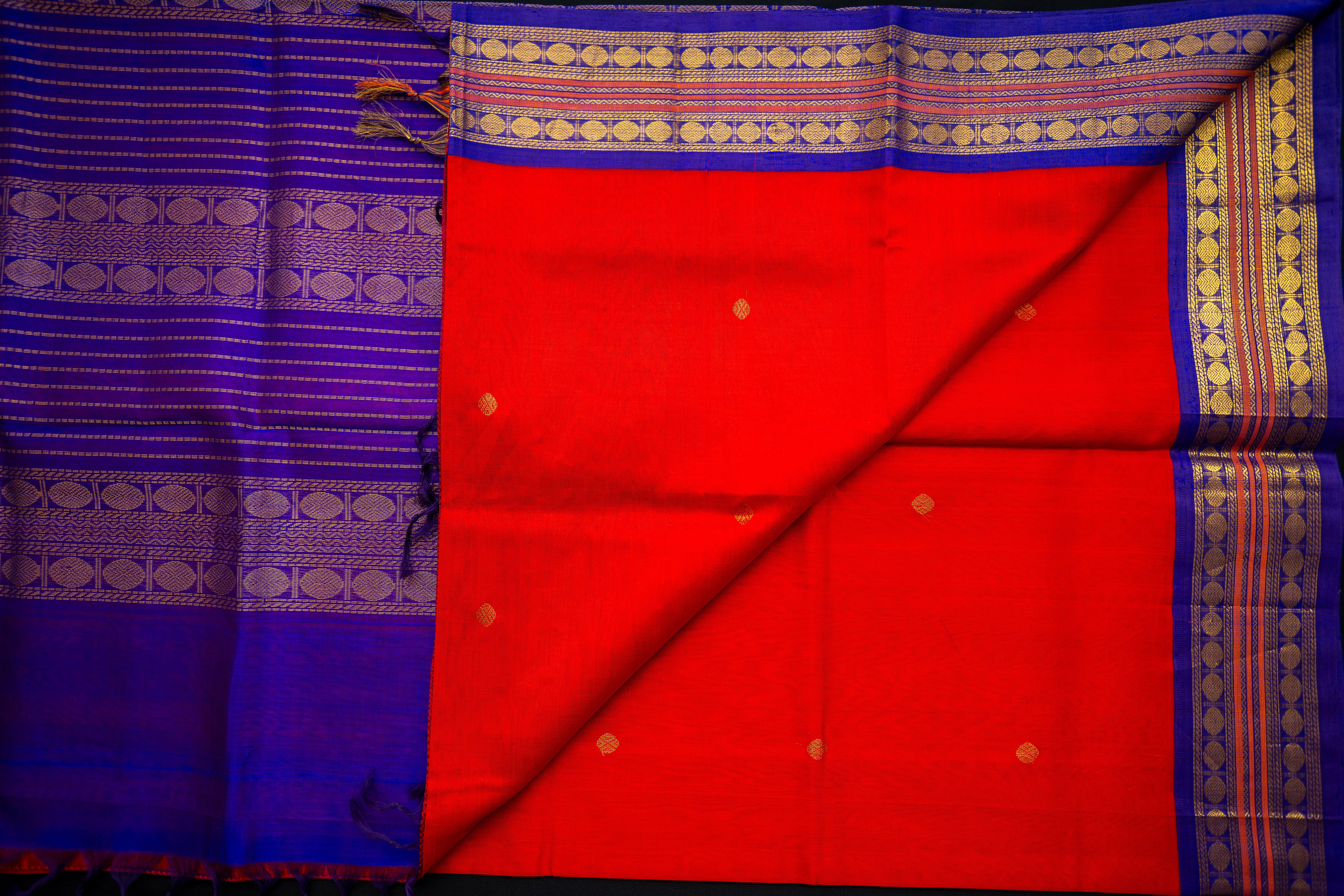 Chilli Red and Royal Violet Silk Cotton Saree