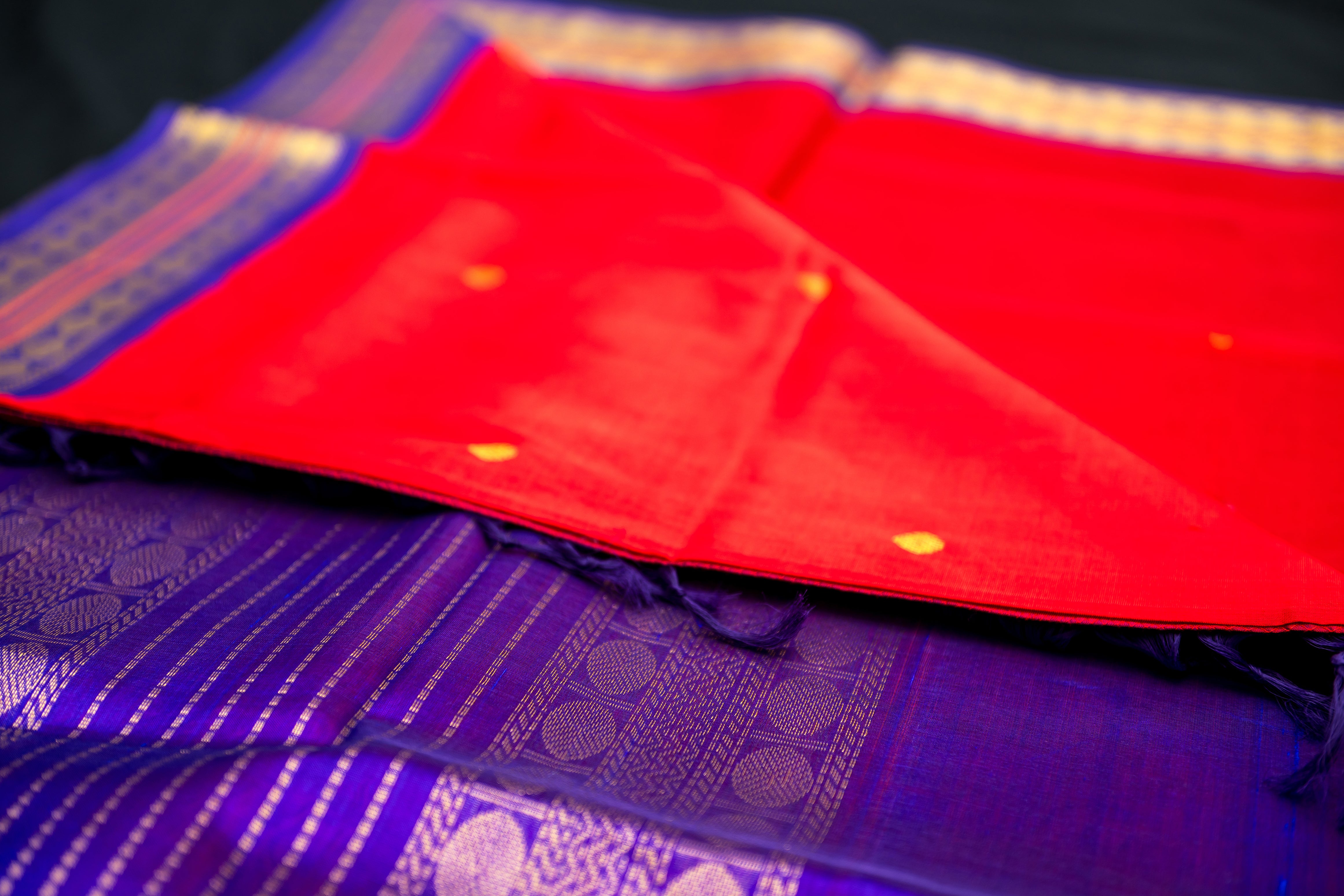 Chilli Red and Royal Violet Silk Cotton Saree