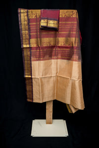 Toasted Champagne and Deep Maroon Silk Cotton Saree