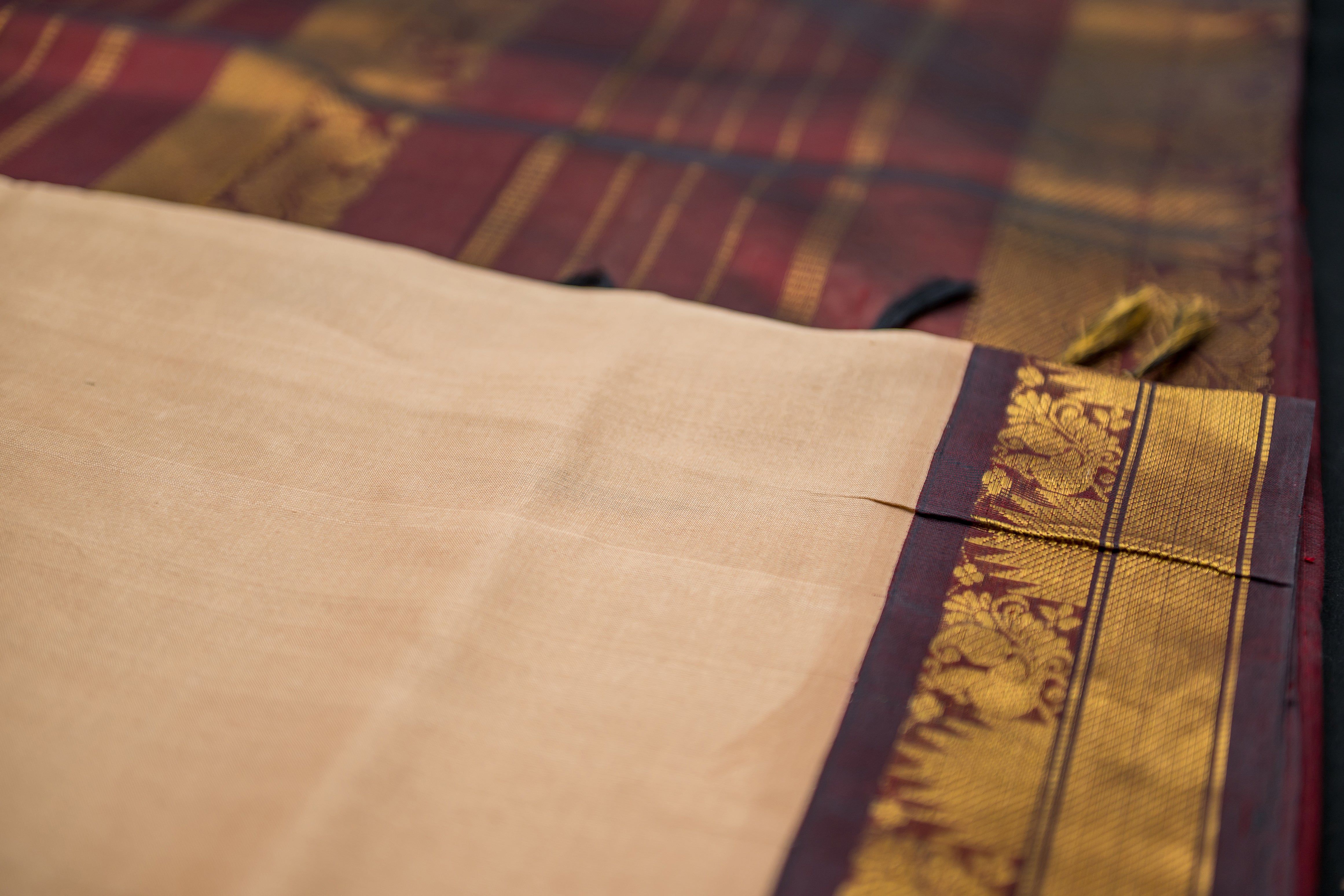 Toasted Champagne and Deep Maroon Silk Cotton Saree