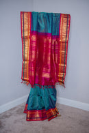 Teal Blue Handloom Silk Cotton Saree with Contrast Pink Border